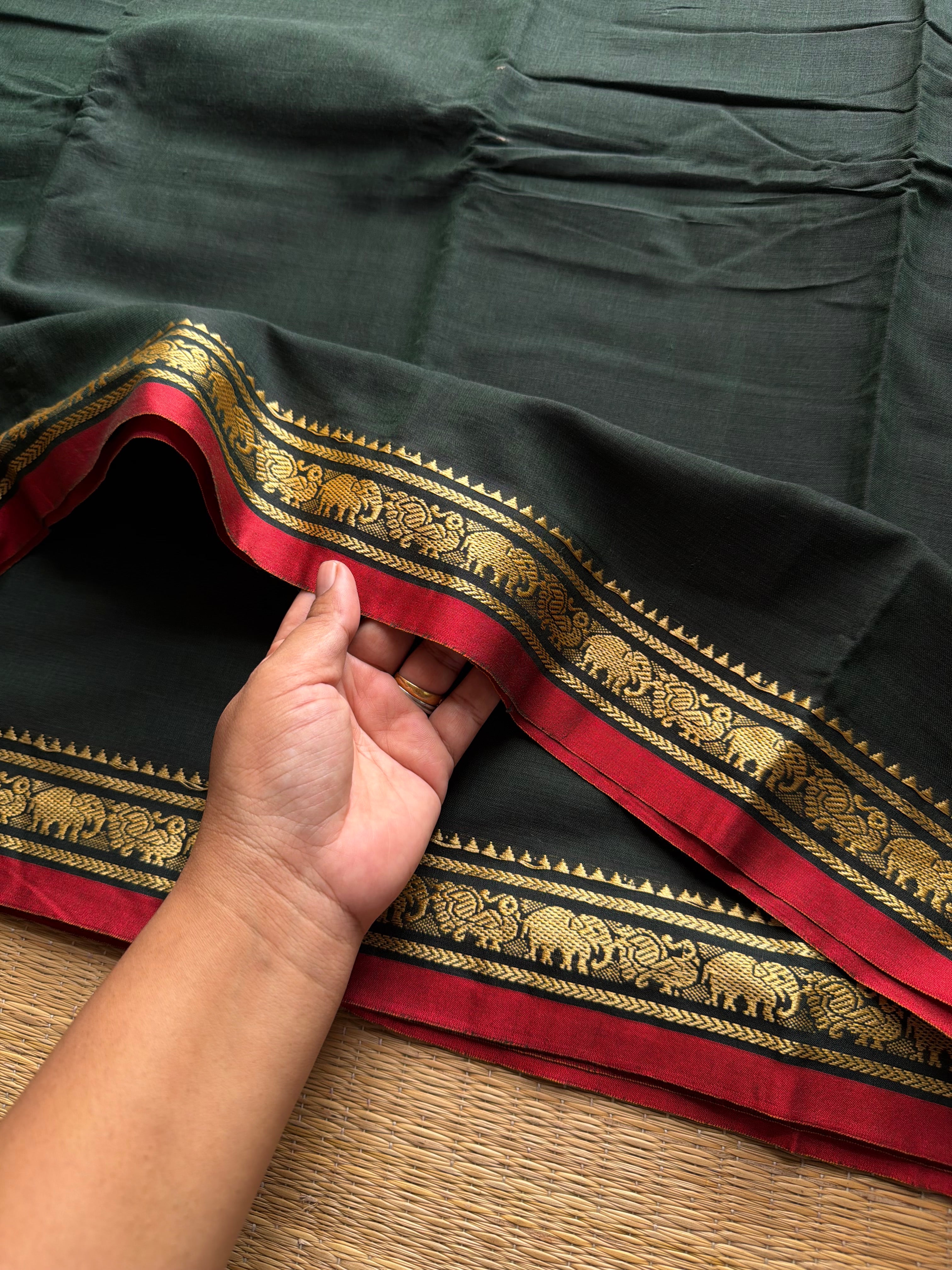 RF935 Darkest bottle green ~ Mercerised Narayanpet soft cotton saree with small thread border