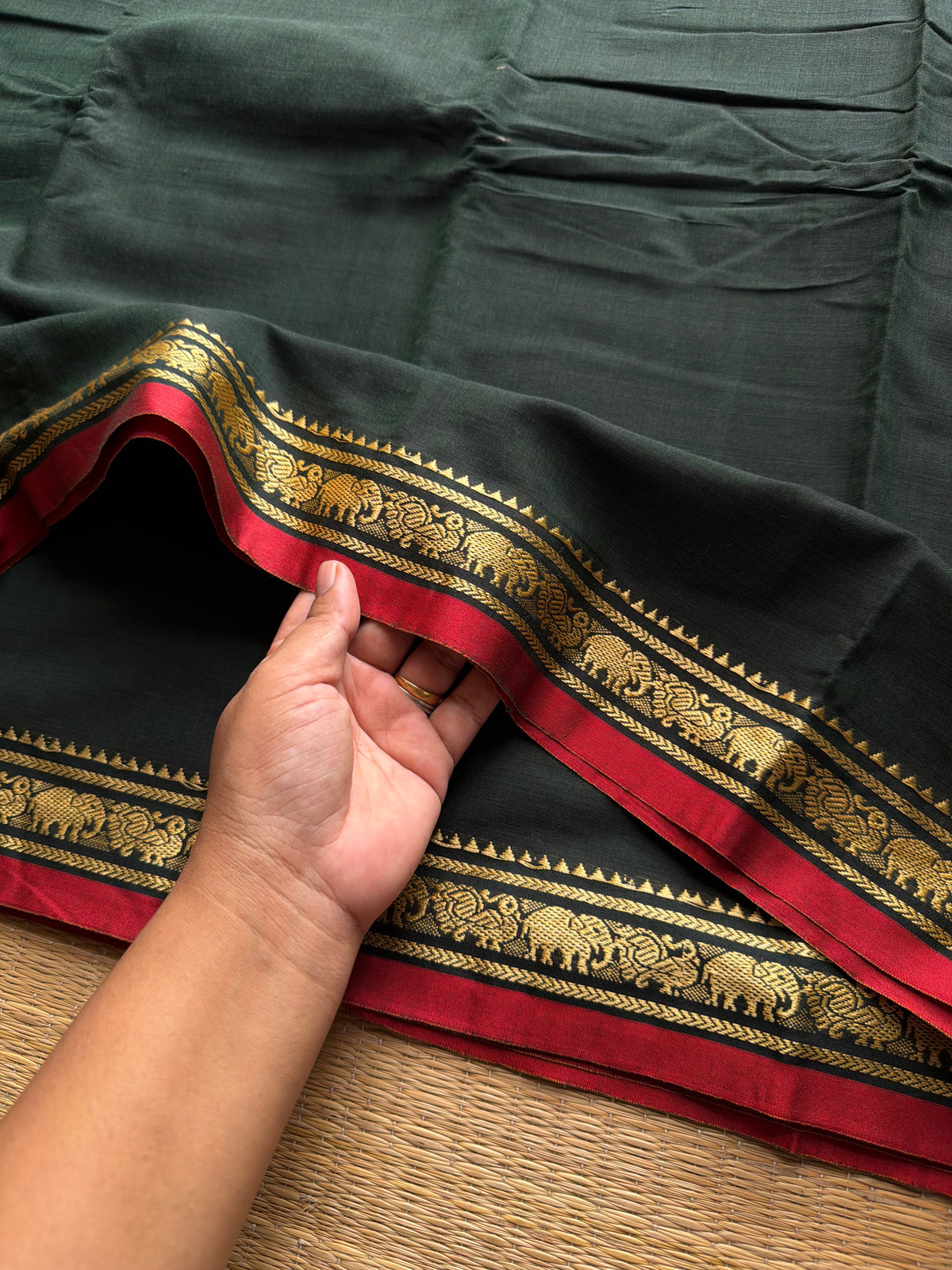RF935 Darkest bottle green ~ Mercerised Narayanpet soft cotton saree with small thread border