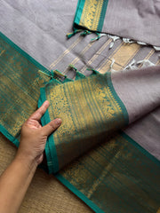 RF1121 Light grey with teal green ~ Kanchi Cotton Saree