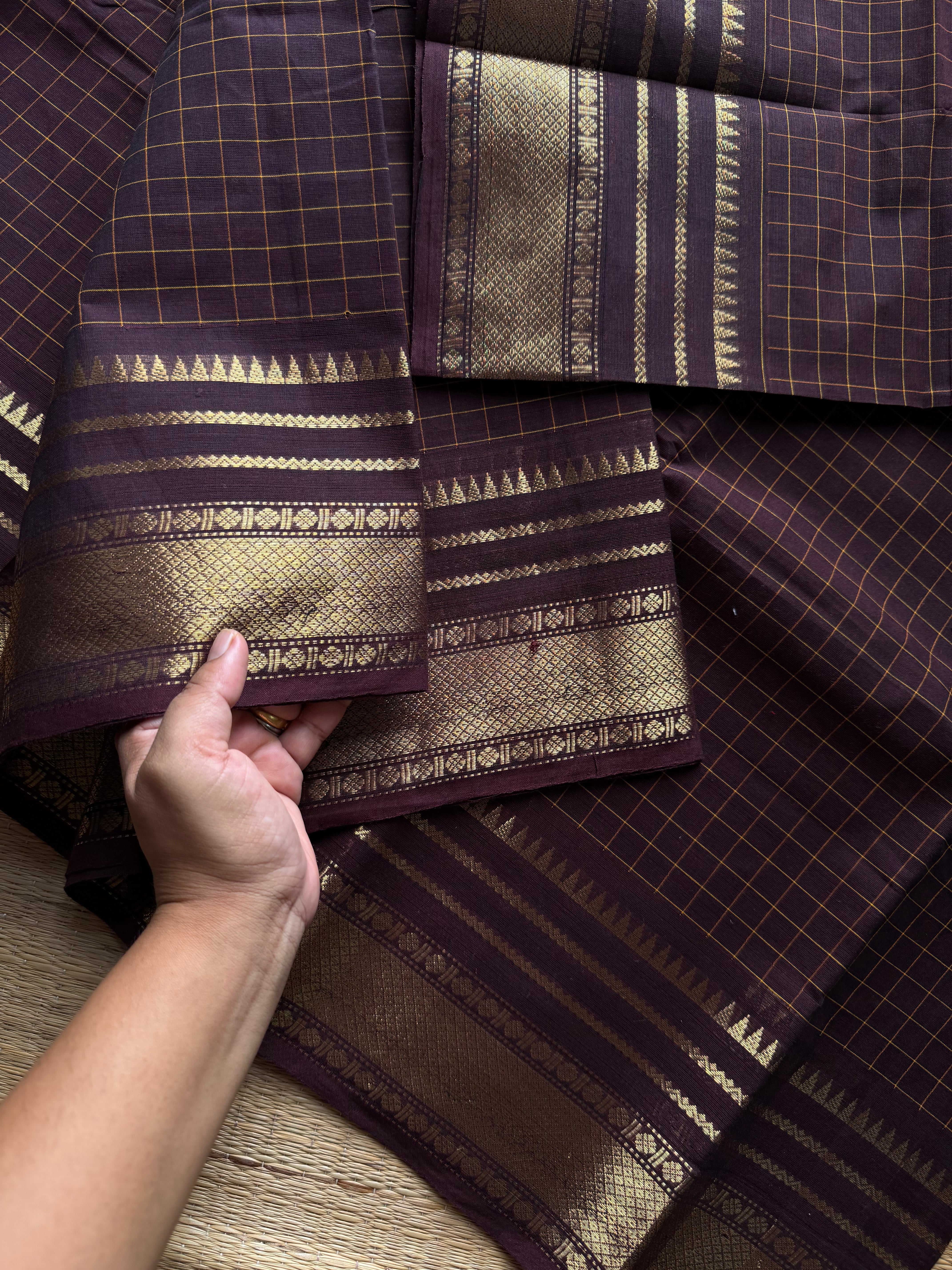RF1166 Deep Coffee Brown ~ Premium Kanchi Cotton Kattam / Checks Edition