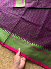 RF386 Deep purple shade soft Kanchi cotton saree with Kattam / checks pattern & handmade thread buttas