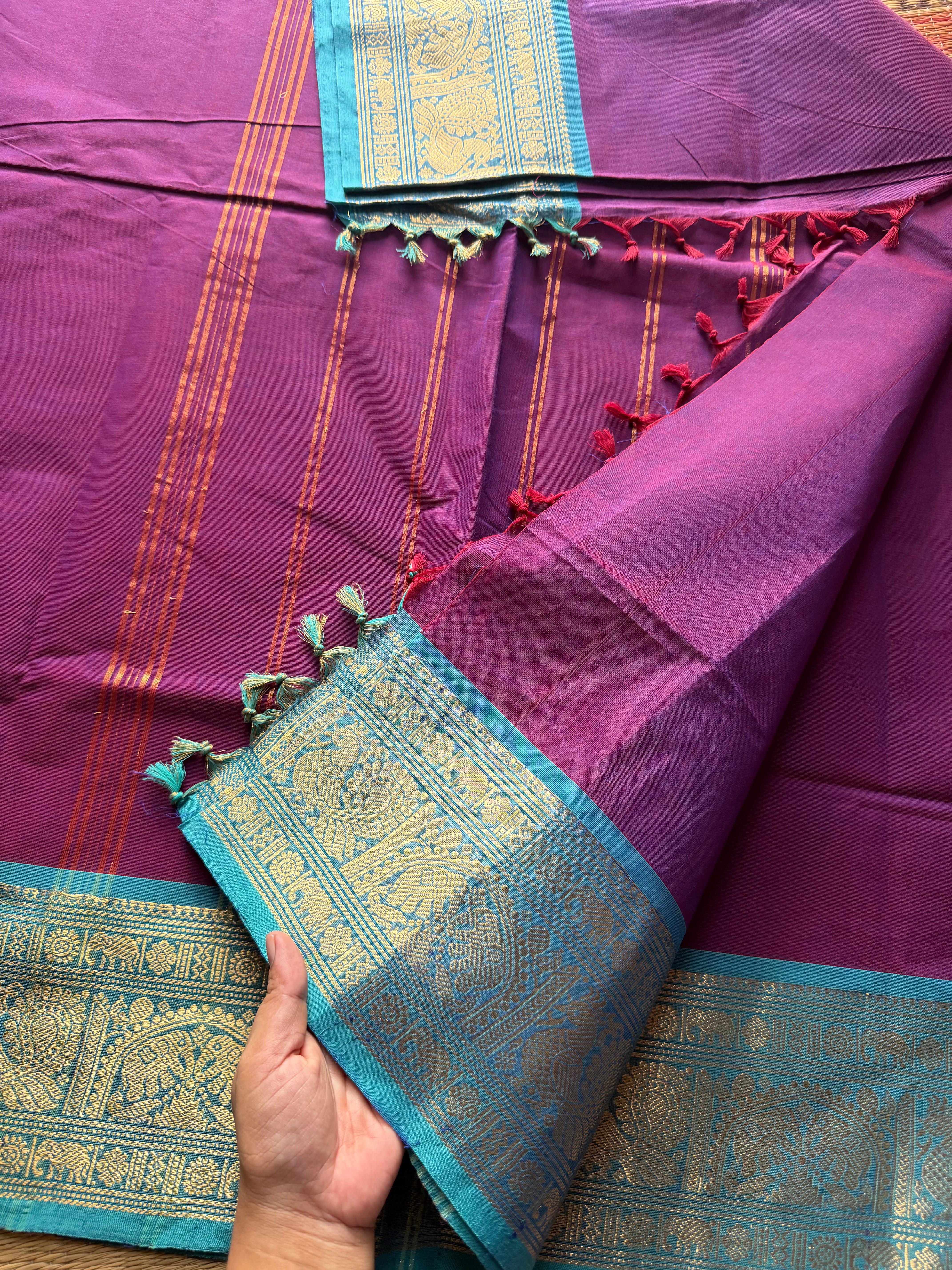 RF324 Silk saree inspired Kanchi cotton saree with Magenta Pink & sky blue combination Annam & elephant pattern Zari border