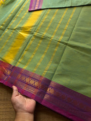 RF442 Dual tone Apple green shade with lavender combination small border Kanchi cotton sarees