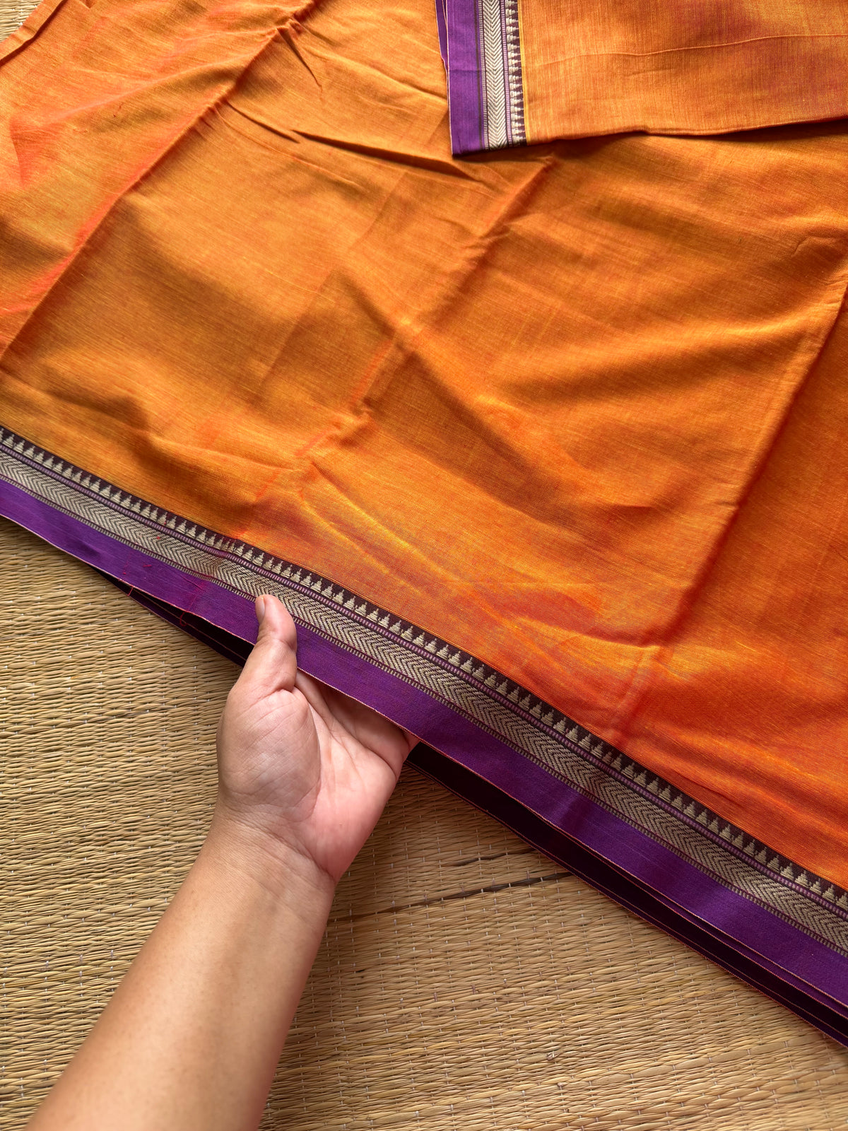 RF499 Orange with purple combination soft Mercerised Narayanpet cotton saree with small thread border