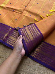 RF739 Mango with purple shade combination Kanchi cotton saree with handmade thread buttas