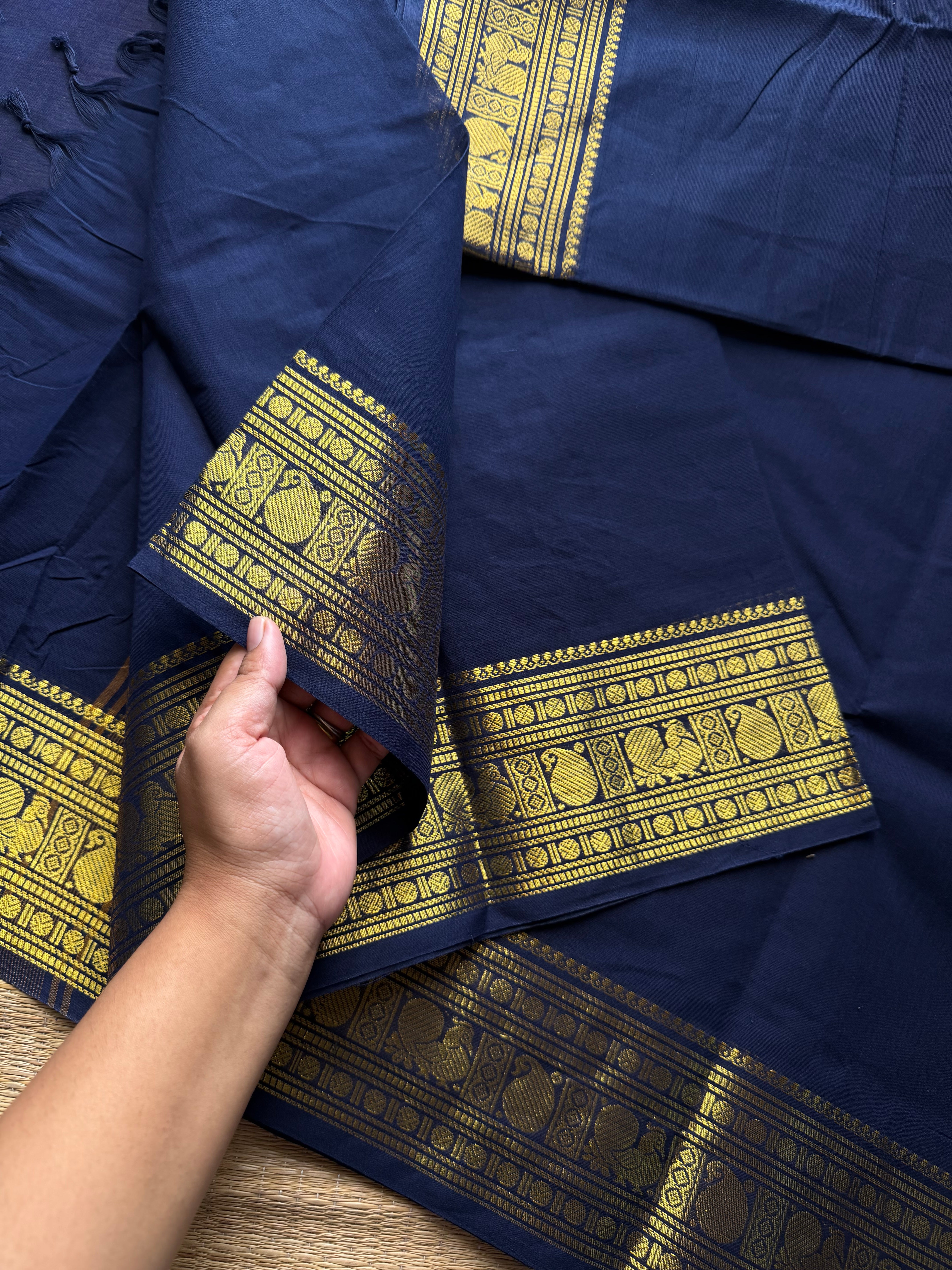 RF975 Navy blue shade Kanchi Cotton Saree with Annam and mango pattern