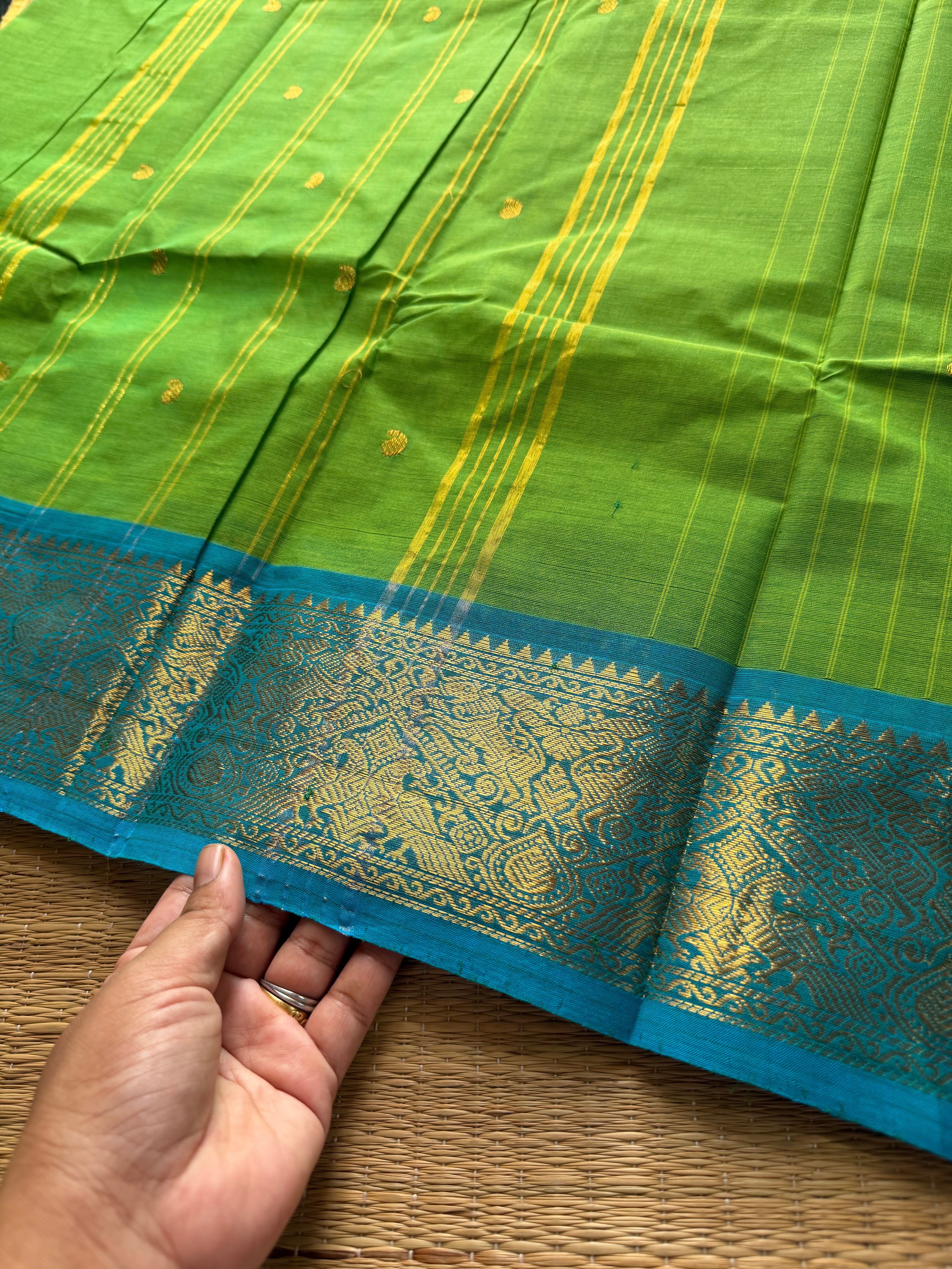 RF613 Vanasingaram Border ~ Green with sky blue combination veritical stripped pattern Kanchi cotton saree & handmade golden Zari Buttas
