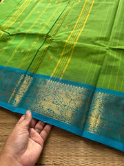 RF613 Vanasingaram Border ~ Green with sky blue combination veritical stripped pattern Kanchi cotton saree & handmade golden Zari Buttas