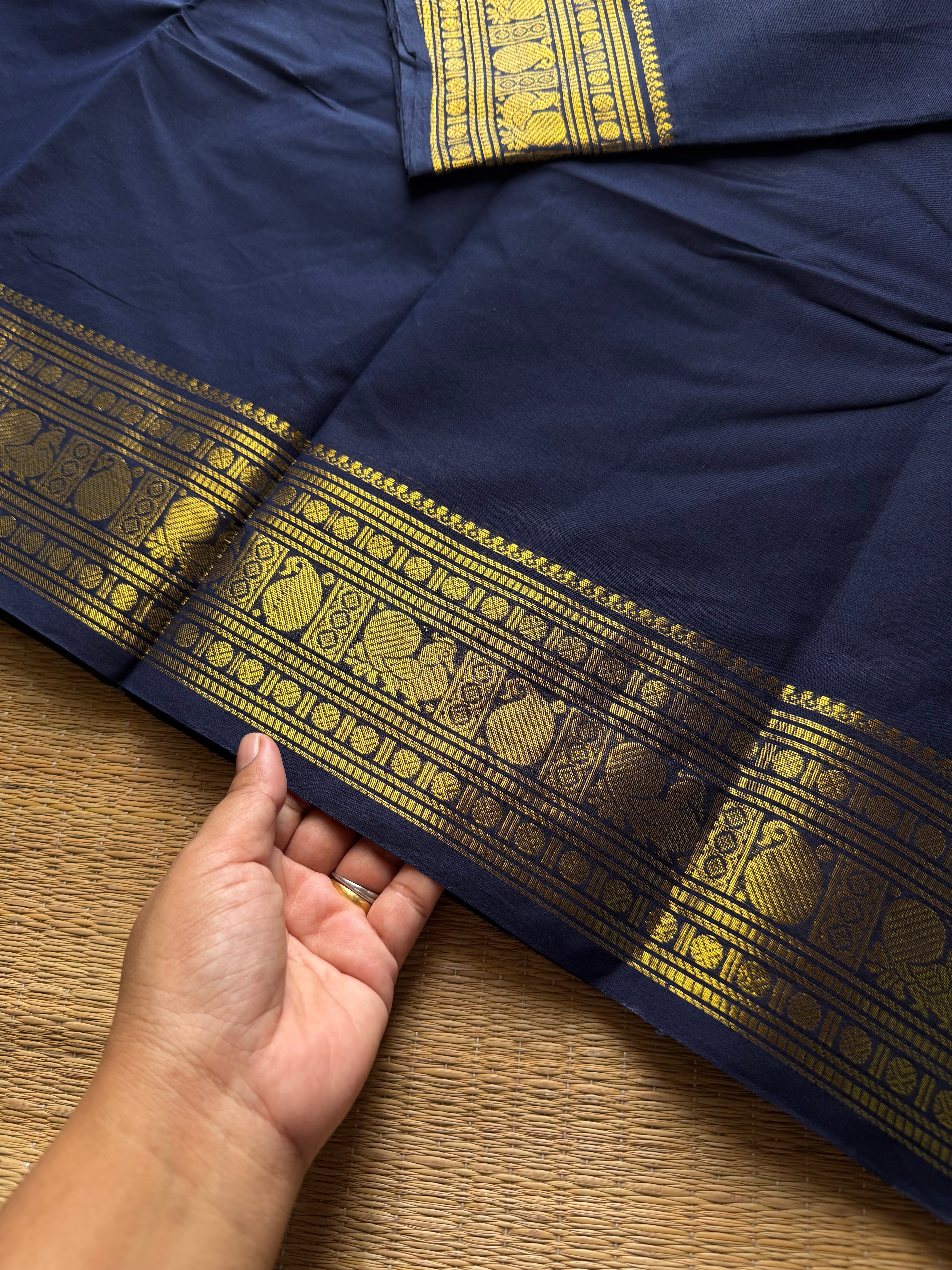 RF975 Navy blue shade Kanchi Cotton Saree with Annam and mango pattern