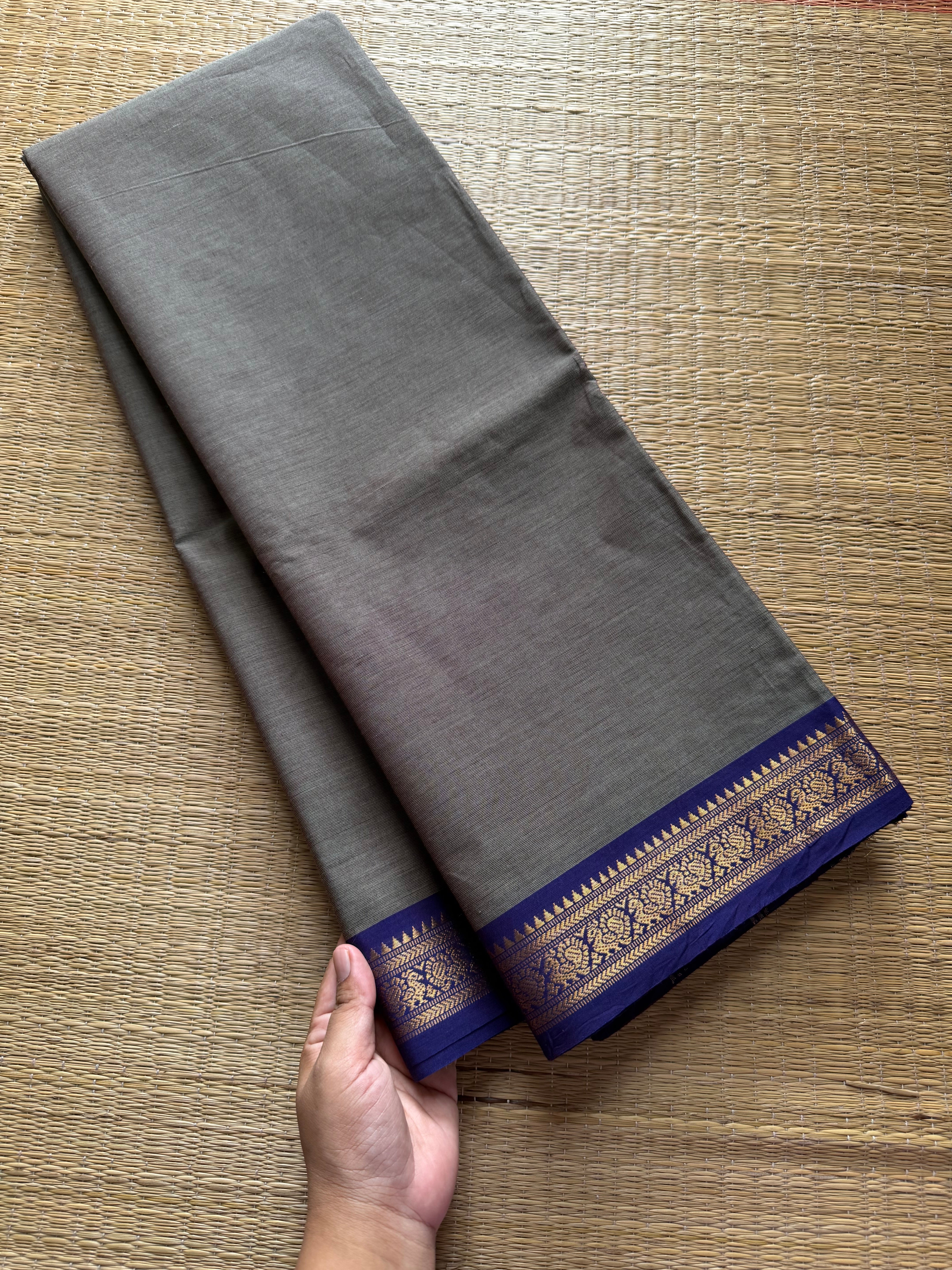 RF391 Grey with violet combination small border Kanchi cotton saree
