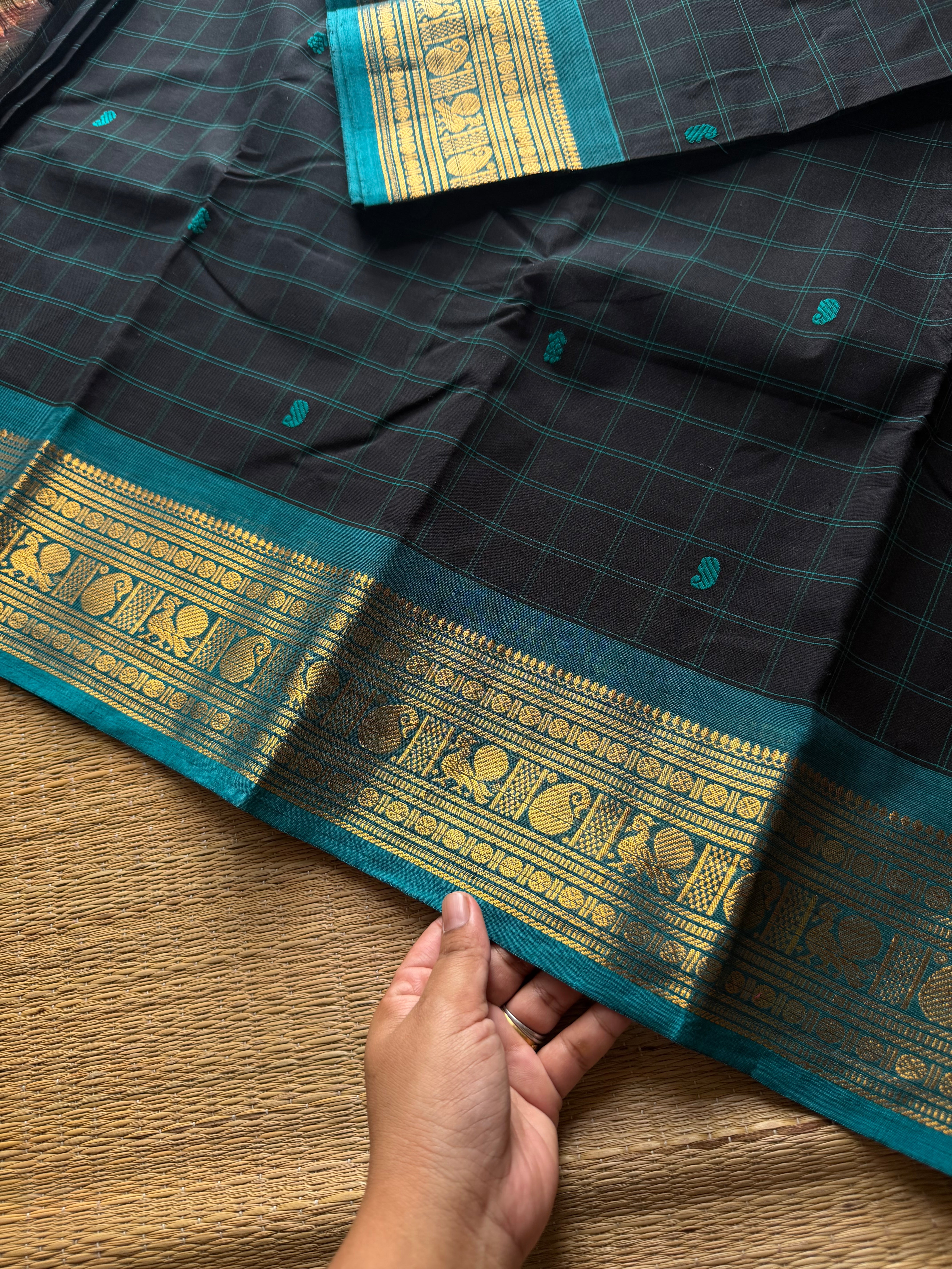 RF586 Black with teal blue combination Kanchi Kattam / checks pattern saree with handmade thread buttas