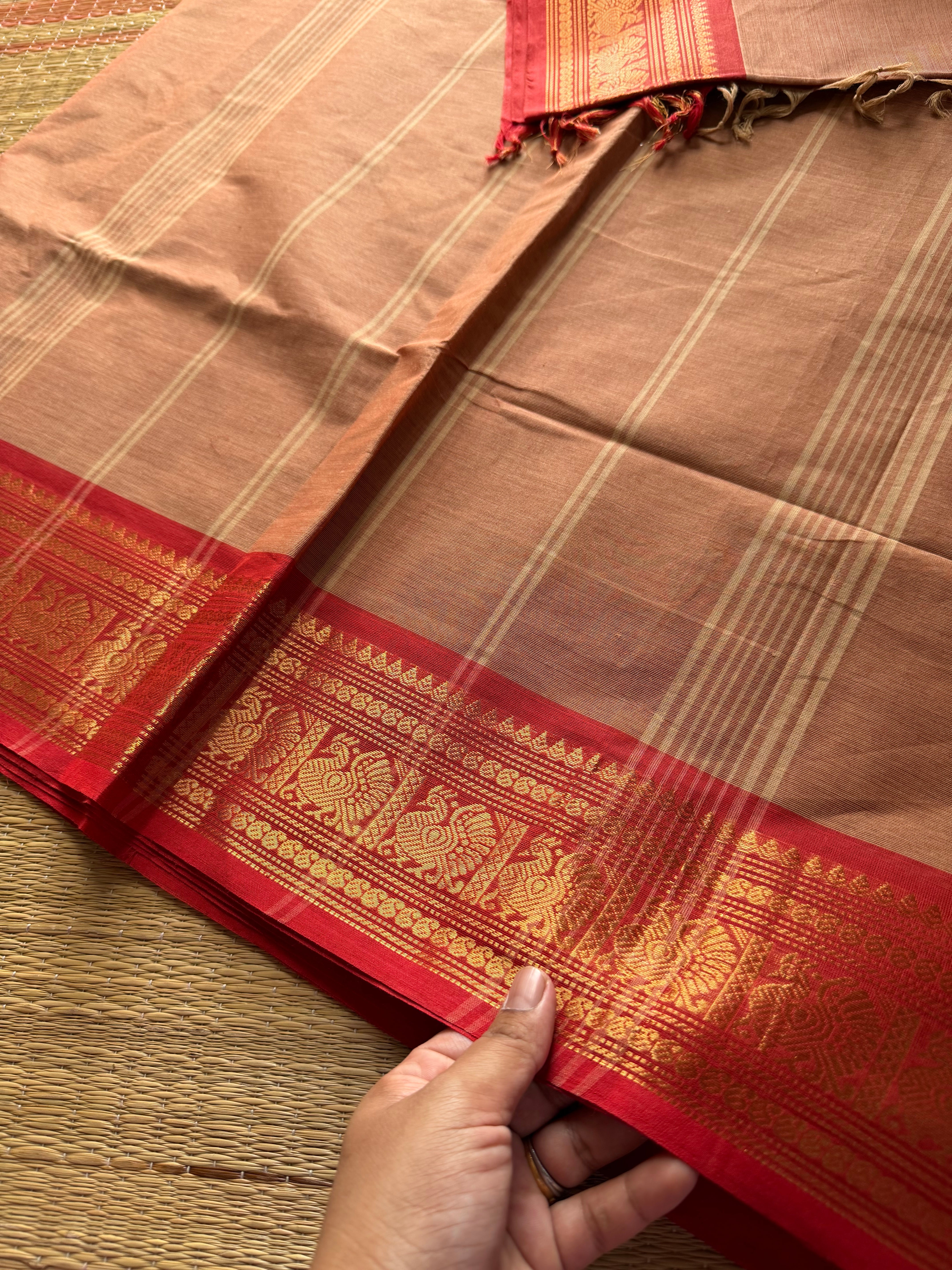 RF472 Dual tone Beige with red combination Kanchi cotton saree with Annam pattern Zari border