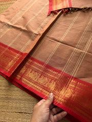 RF472 Dual tone Beige with red combination Kanchi cotton saree with Annam pattern Zari border