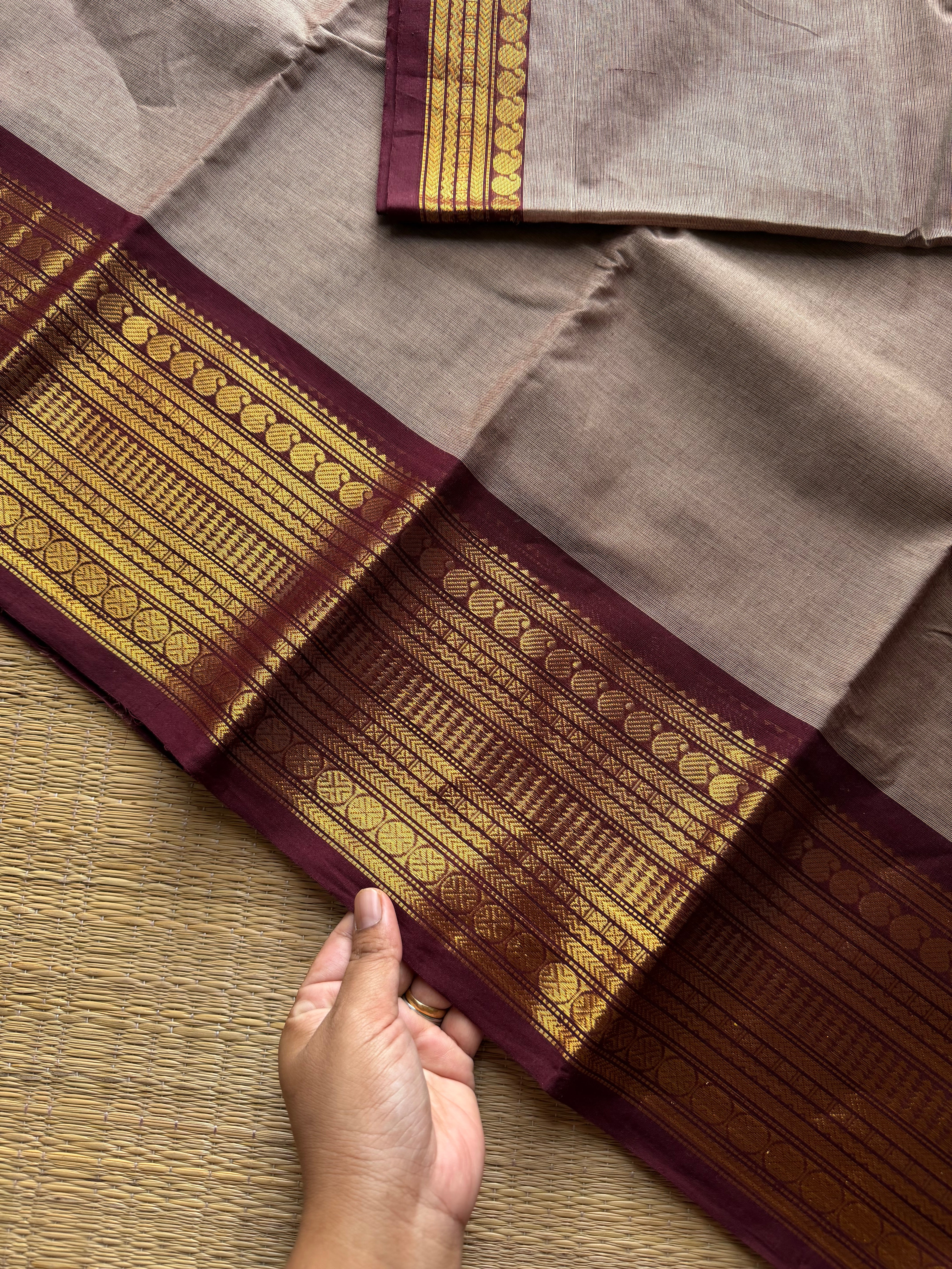 RF1031 Dual tone biscuit shade with brown border Kanchi cotton saree