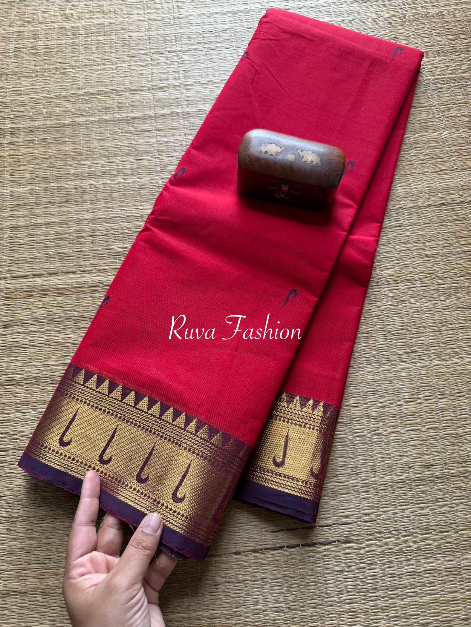 RF49 Reddish Maroon with dark purple shade paithani border Kanchi cotton saree with handmade thread buttas