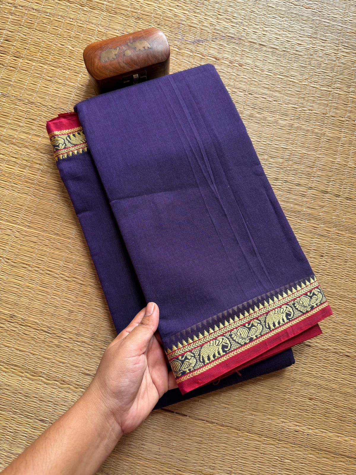 RF320 Purple Mercerised Narayanpet Cotton Saree With Small Annam and elephant pattern border