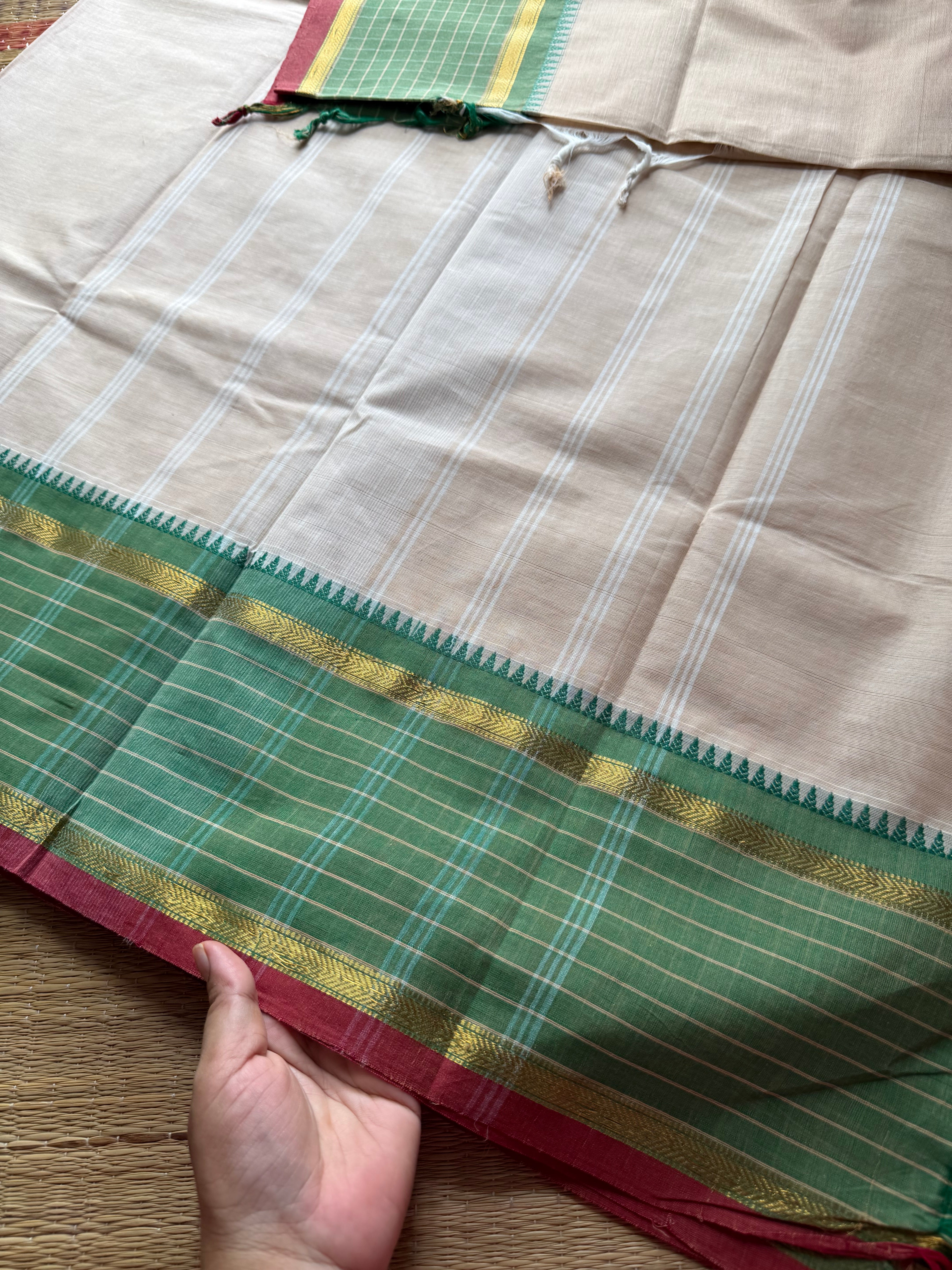 RF377 Cream with green combination vintage border Kattam / checks pattern Kanchi cotton saree