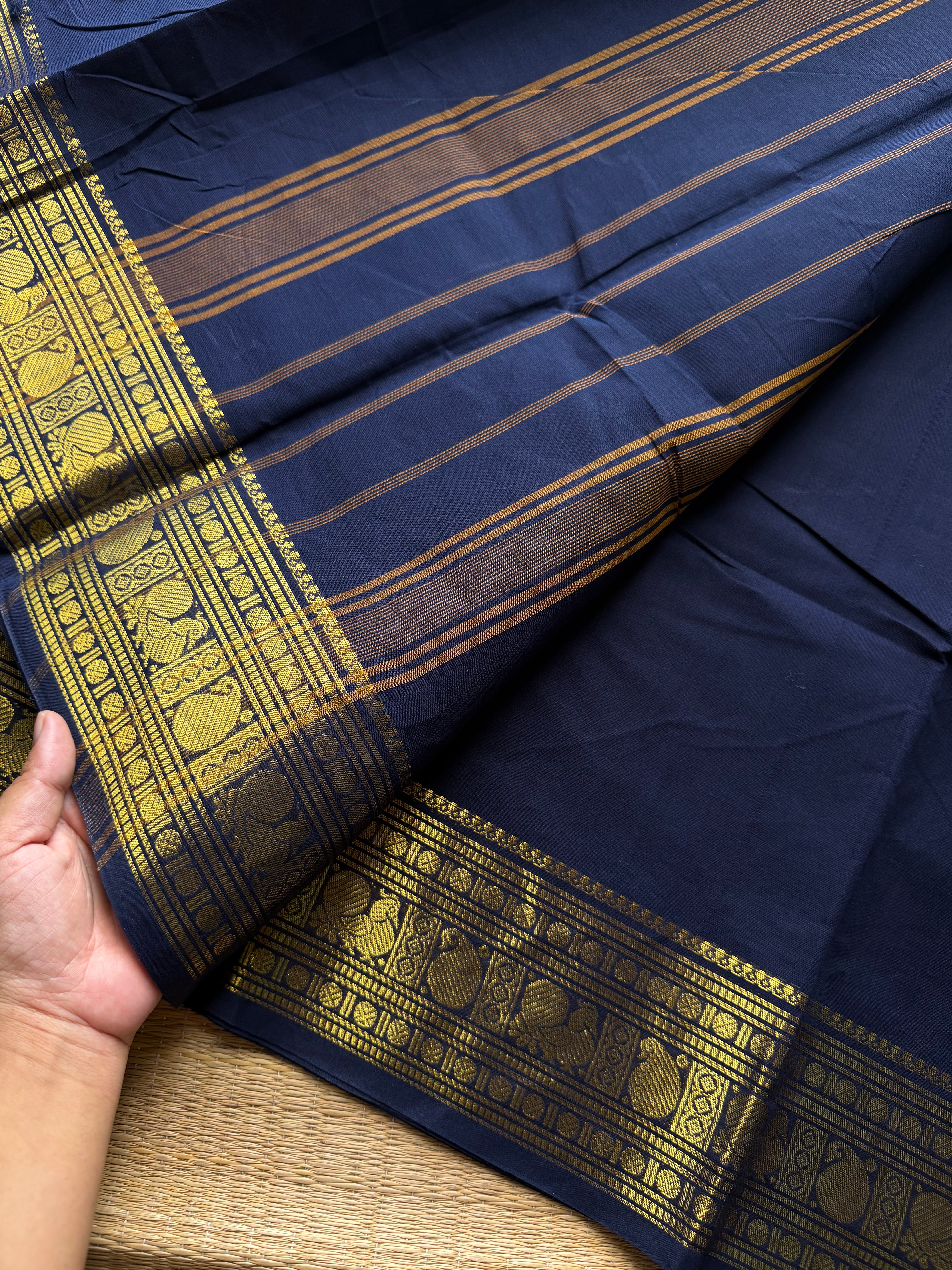 RF975 Navy blue shade Kanchi Cotton Saree with Annam and mango pattern