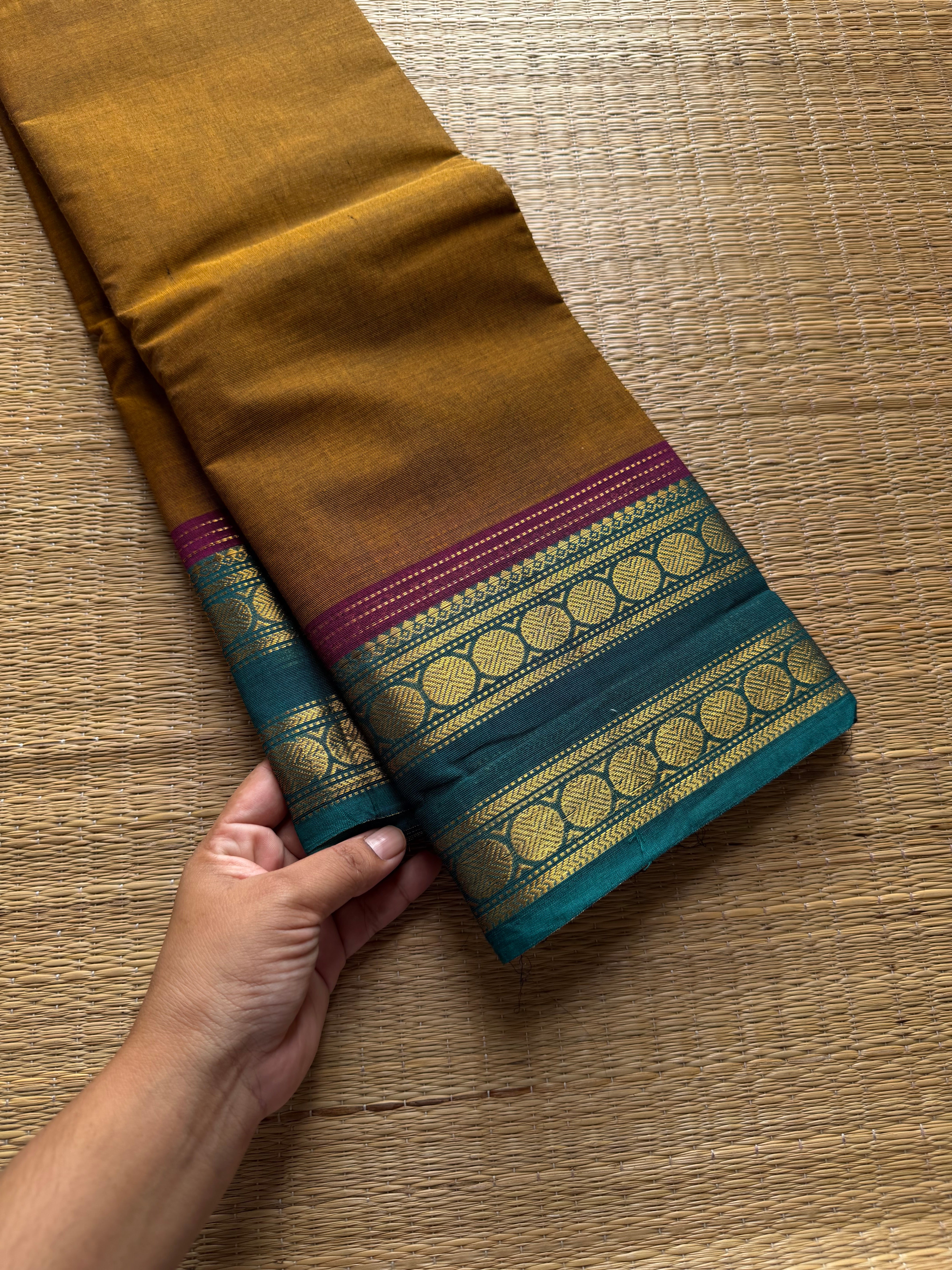 RF772 Warm mustard yellow shade Kanchi cotton saree with multi color contrast border