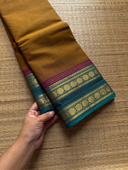RF772 Warm mustard yellow shade Kanchi cotton saree with multi color contrast border
