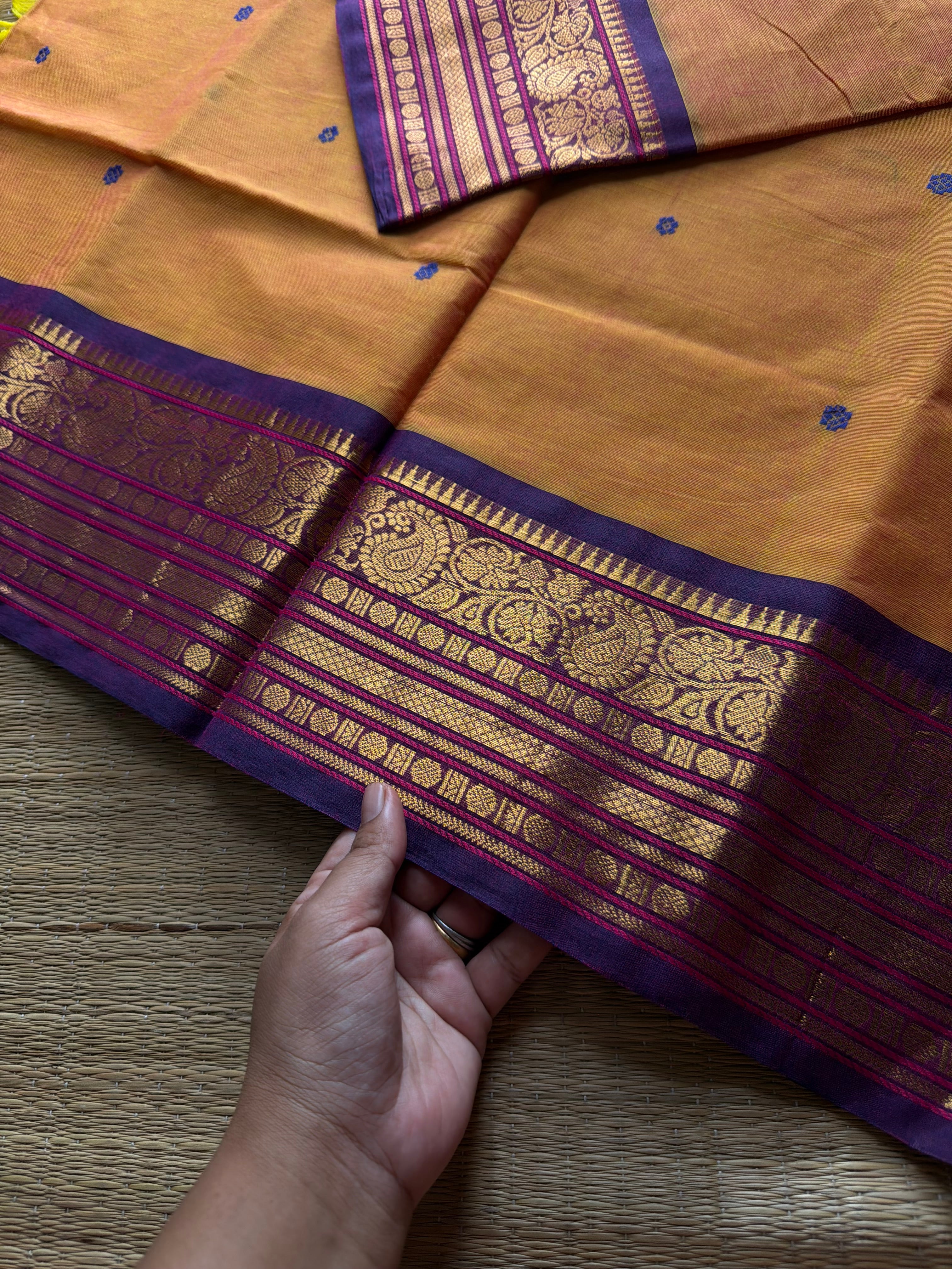 RF880 Orange with purple combination Kanchi cotton saree with handmade thread buttas