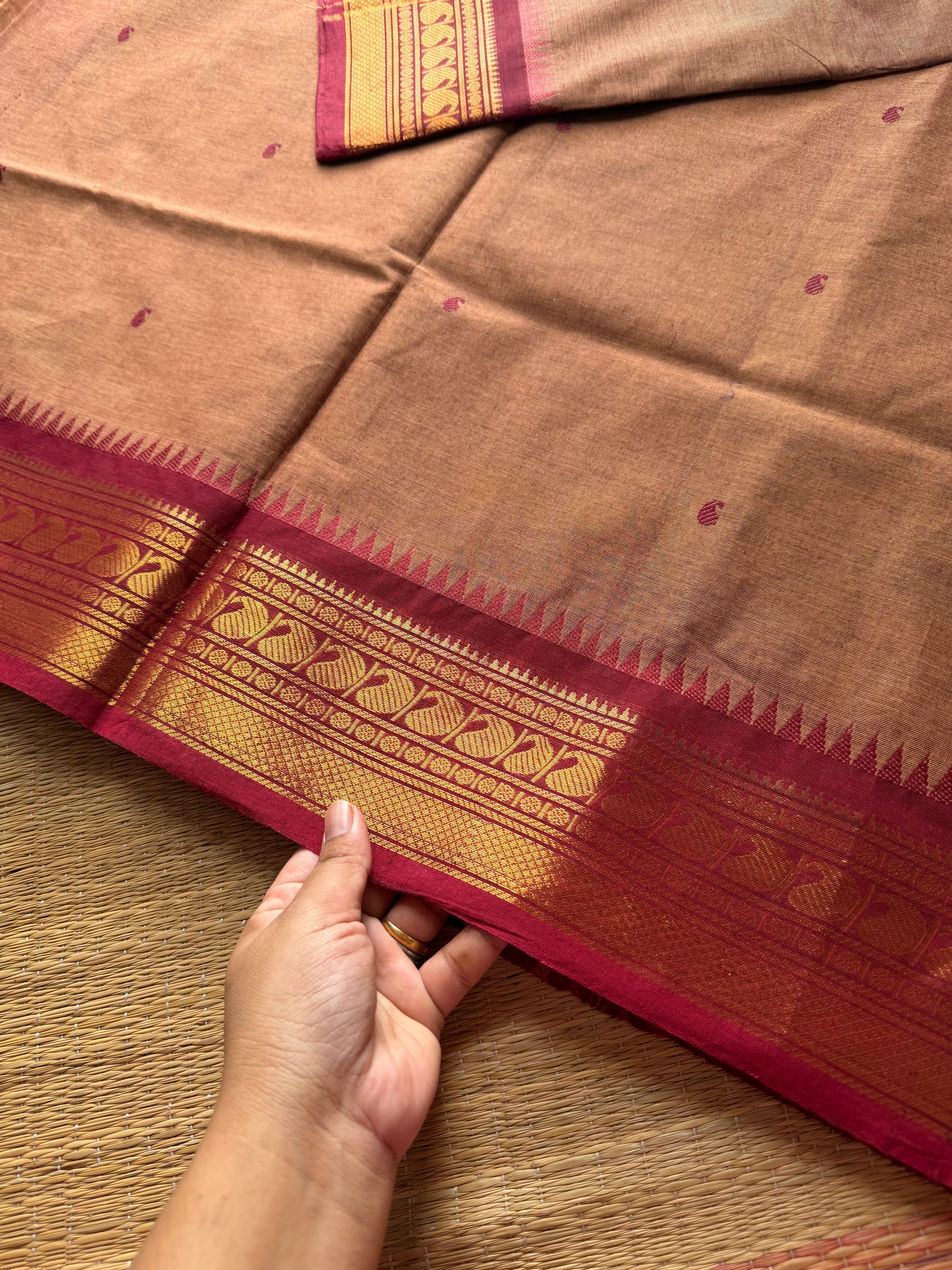 Biscuit shade Kanchi cotton saree with contrast Zari border & handmade thread buttas