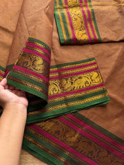 RF398 Dual tone earth Brown Shade Kanchi Cotton Saree with multi color contrast border