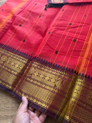 Rustic red shade Podikattam / small checks Kanchi cotton saree with handmade thread buttas