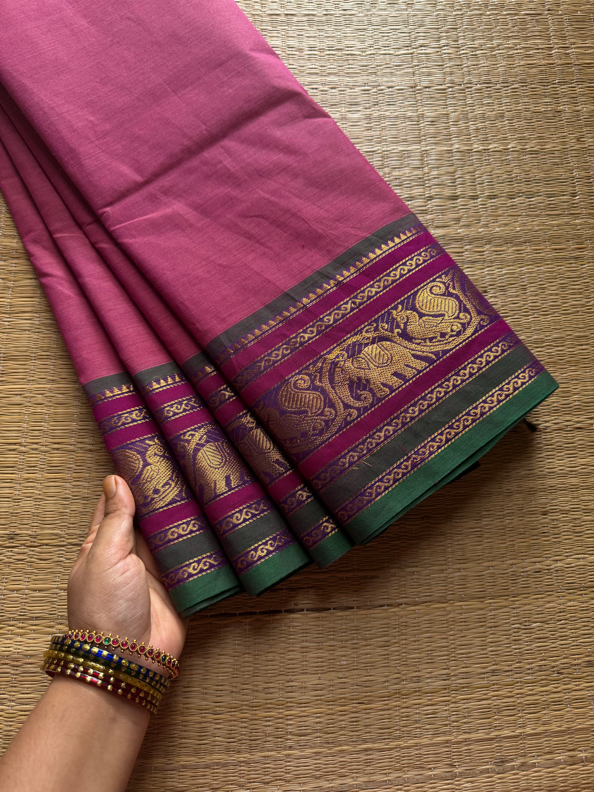 RF590 Silk saree inspired Kanchi cotton saree with Annam and elephant pattern ~ Pink Shade