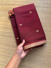 RF253 Maroon Narayanpet small thread border cotton saree with handmade thread buttas