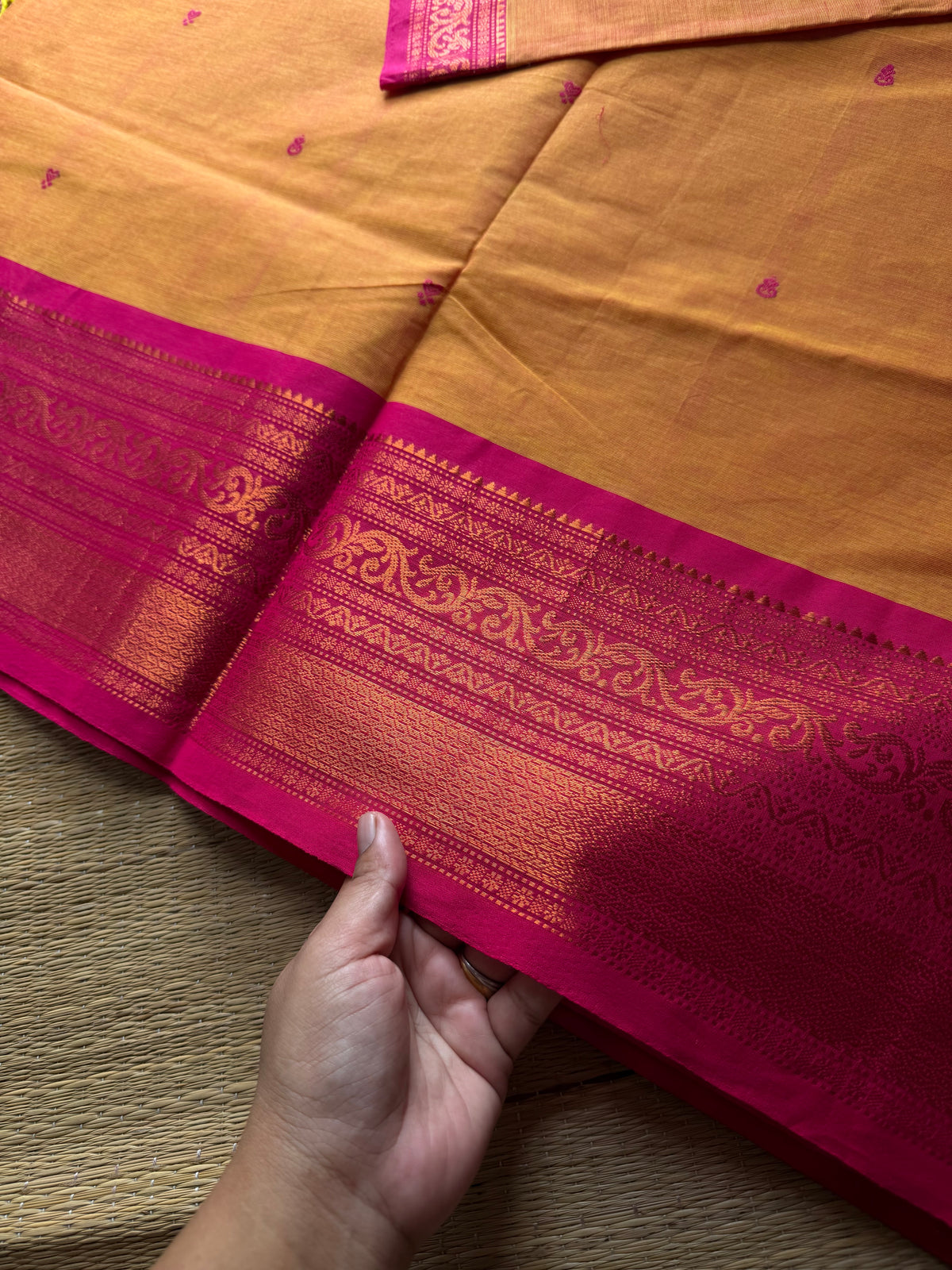 RF895 Kanchi cotton saree with handmade thread buttas ~ Mango Shade
