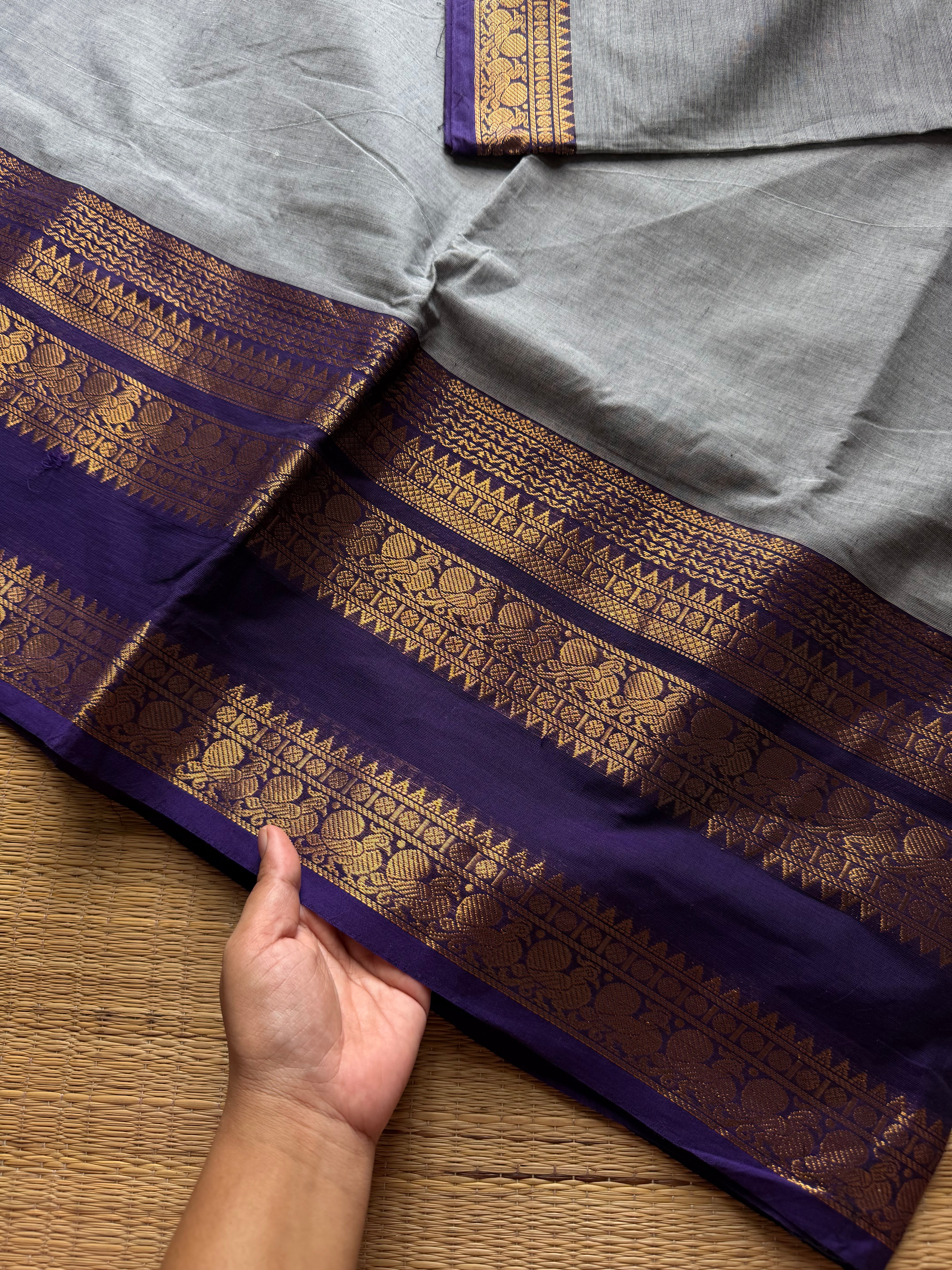 RF1301 Light grey with dark purple combination Kanchi cotton saree with long / big border