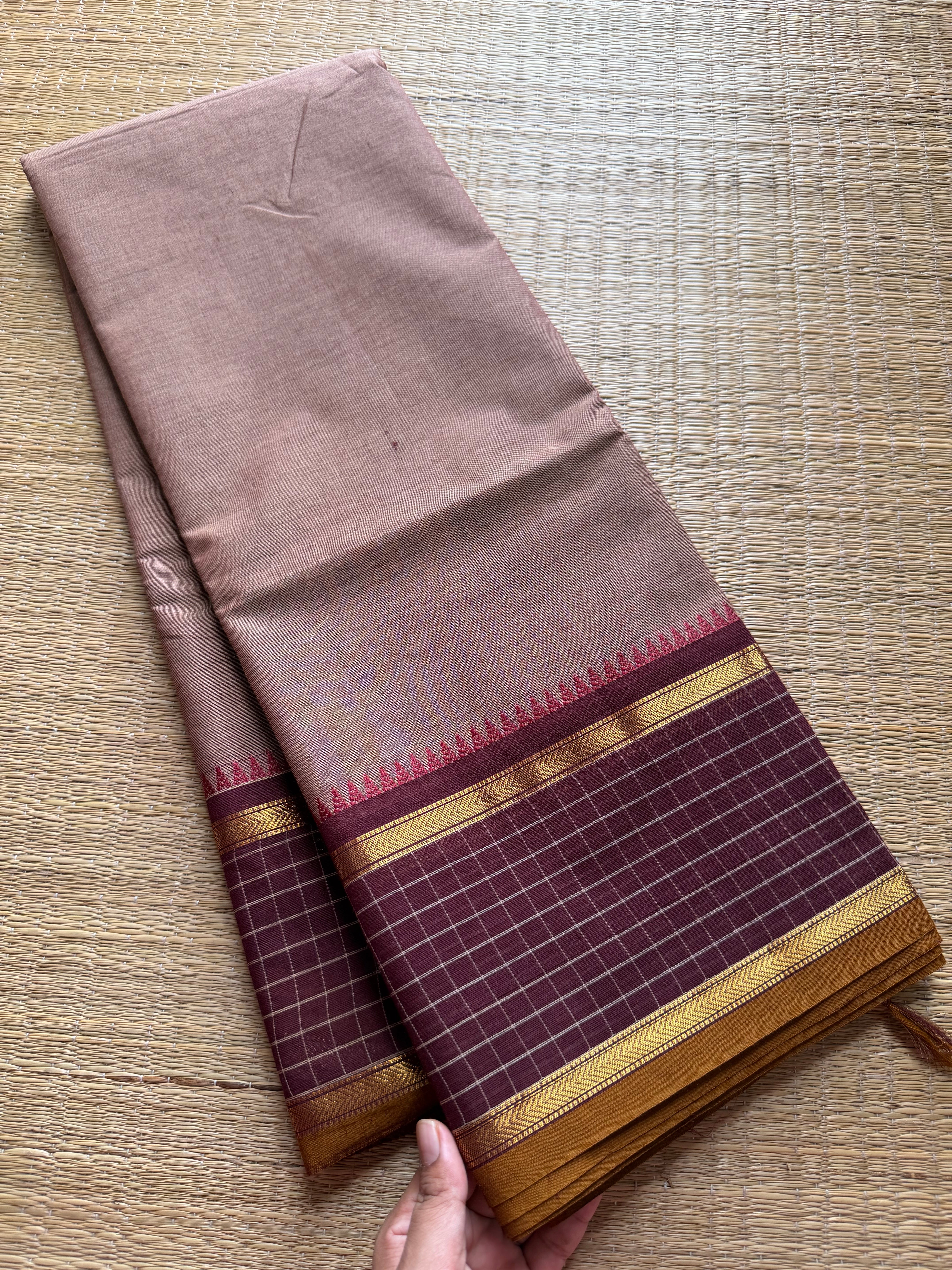 RF374 Biscuit with brown combination vintage border Kattam / checks pattern Kanchi cotton saree