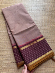 RF374 Biscuit with brown combination vintage border Kattam / checks pattern Kanchi cotton saree