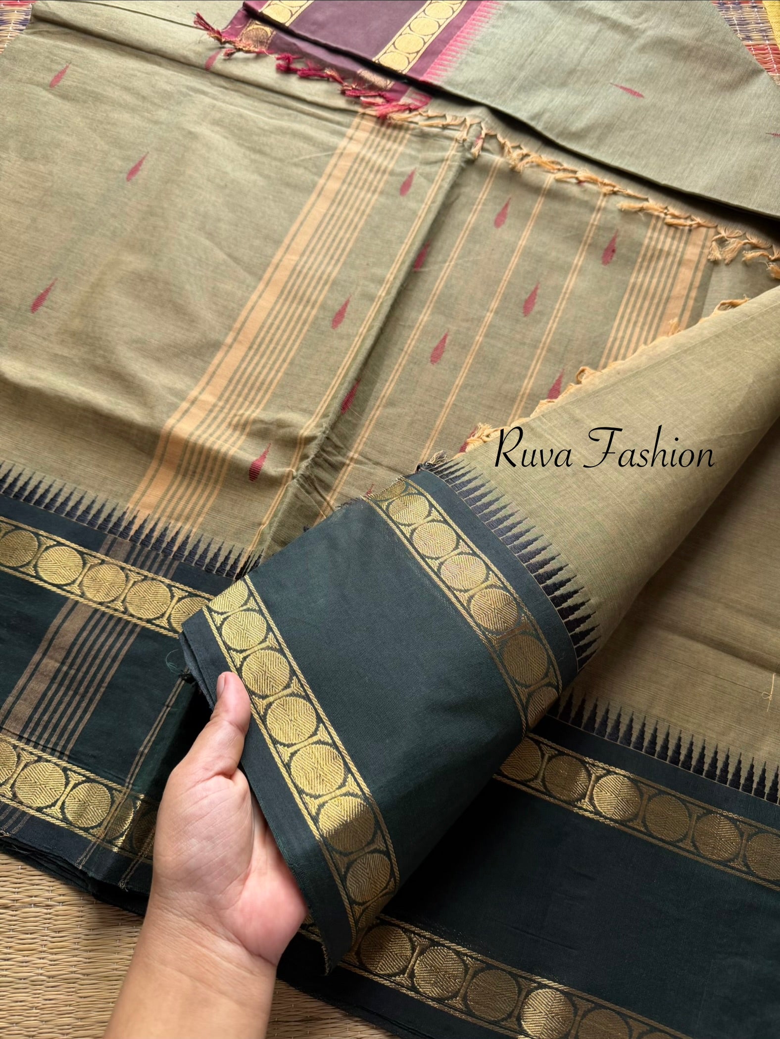 Grey Kanchi Cotton Saree With Ganga Jamuna Rettapet Border and handmade thread buttas