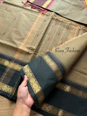 Grey Kanchi Cotton Saree With Ganga Jamuna Rettapet Border and handmade thread buttas