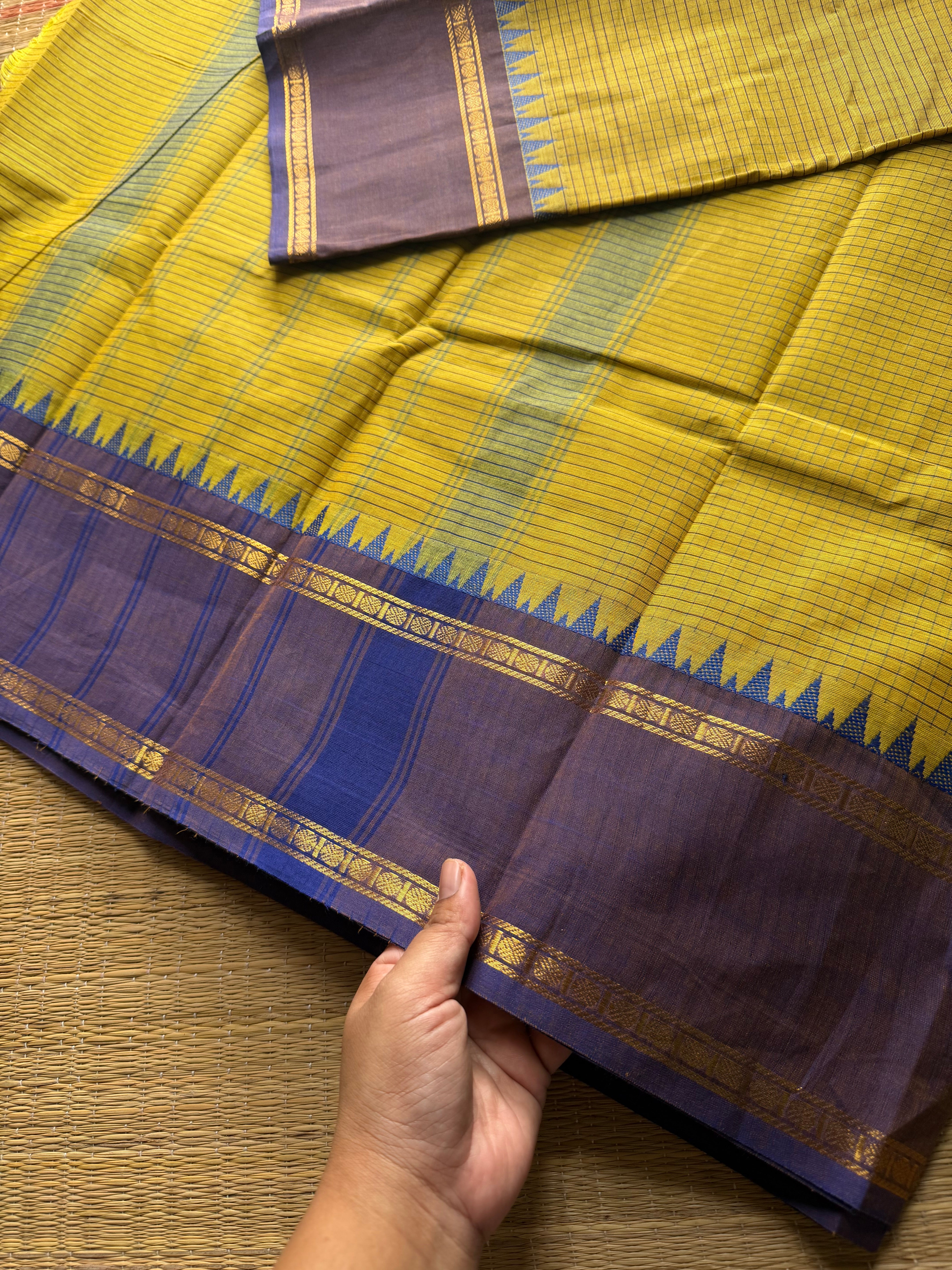 RF491 Mustard yellow with light lavender combination vintage style gap border & Podikattam / small checks Kanchi cotton saree