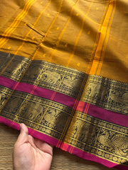 RF305 Mustard with contrast pink combination Rettapet border Kanchi cotton saree with handmade thread buttas