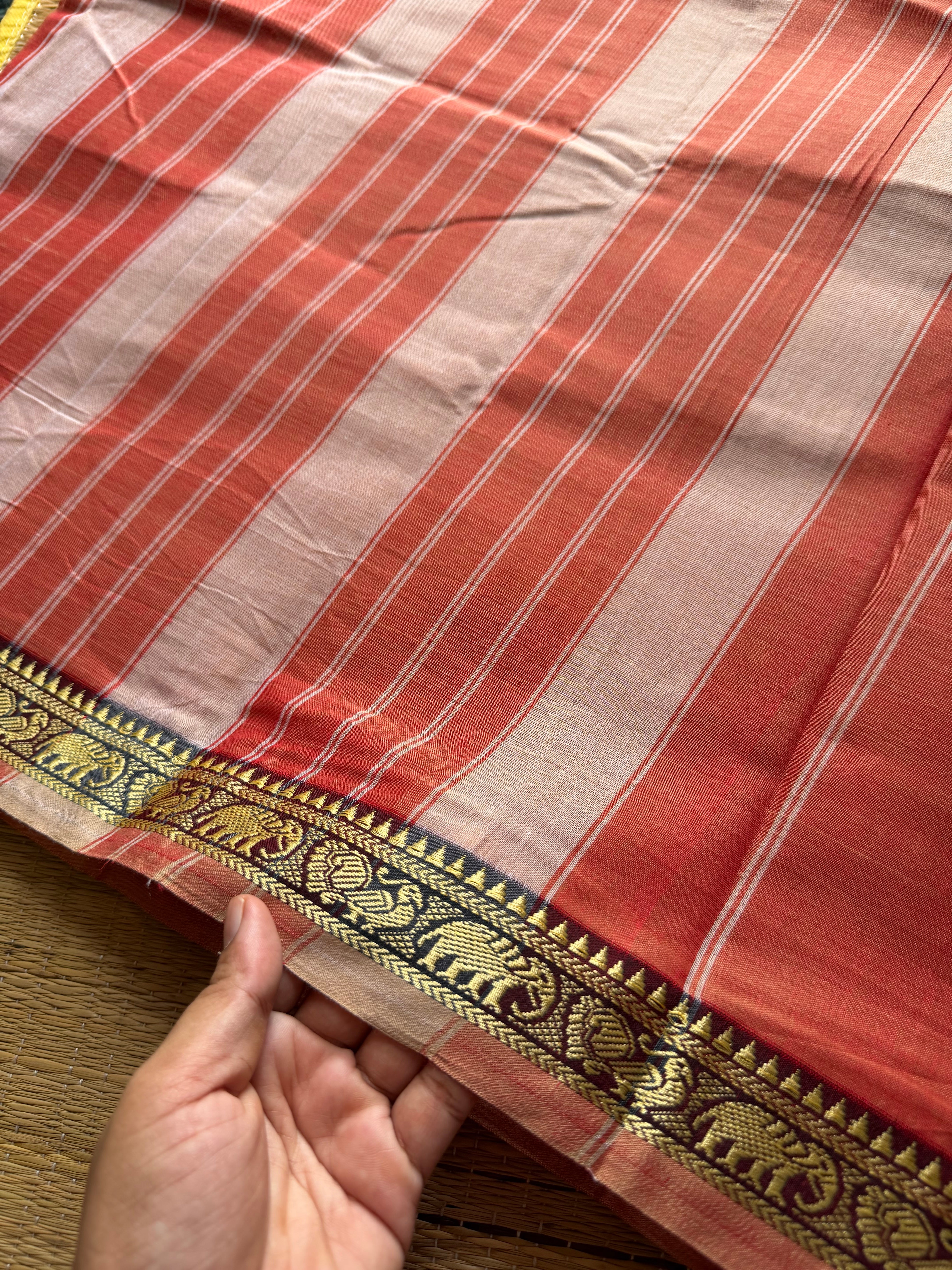 RF312 Dual tone peach shade Mercerised Narayanpet Cotton Saree With Small Annam and elephant pattern border