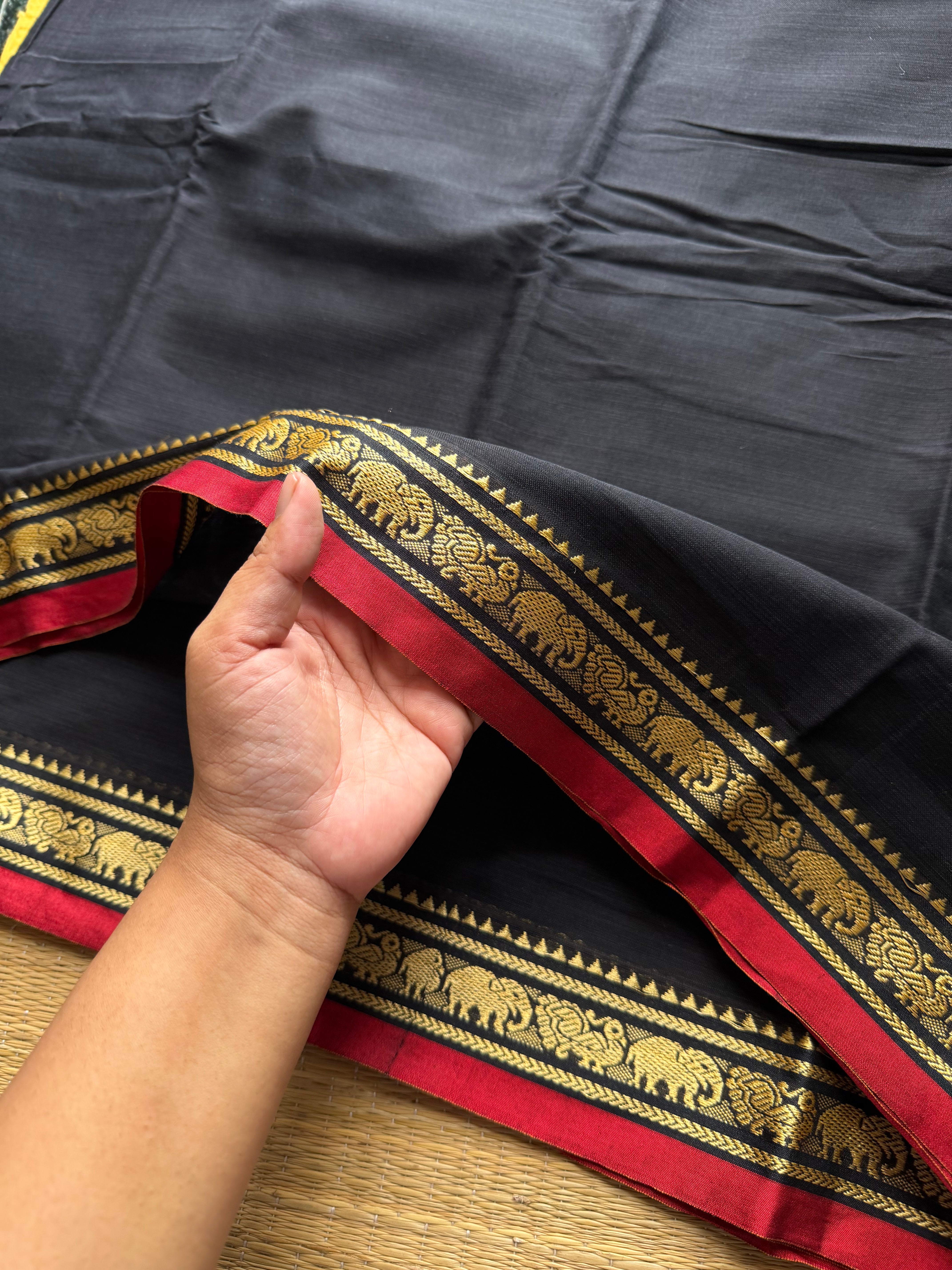 RF928 Black ~ Mercerised Narayanpet soft cotton saree with small thread border