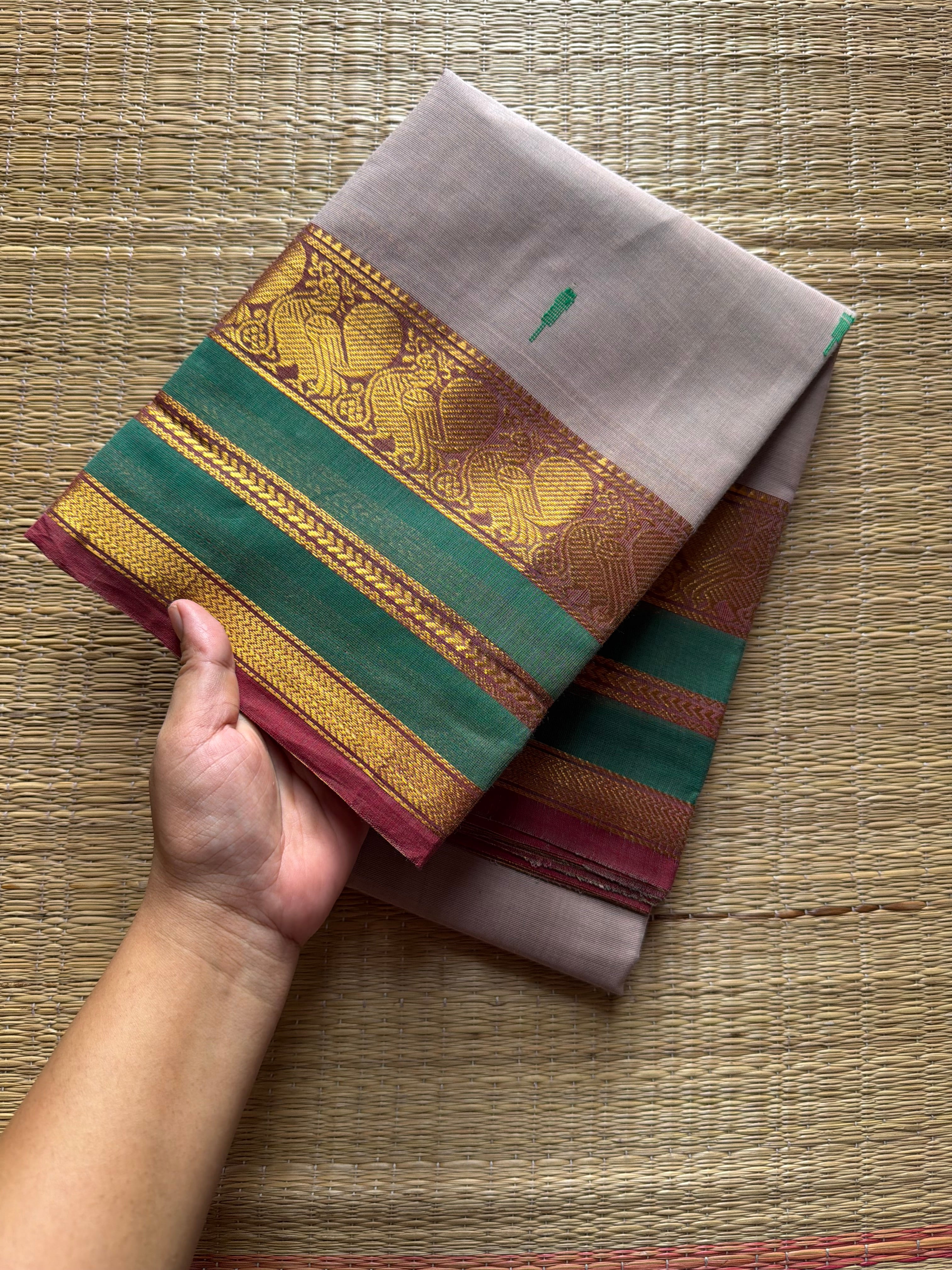 RF419 Light grey with green combination Kanchi cotton saree with handmade thread buttas