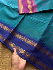 RF732 Peacock blue shade Kanchi cotton saree with Ganga Jamuna pattern border