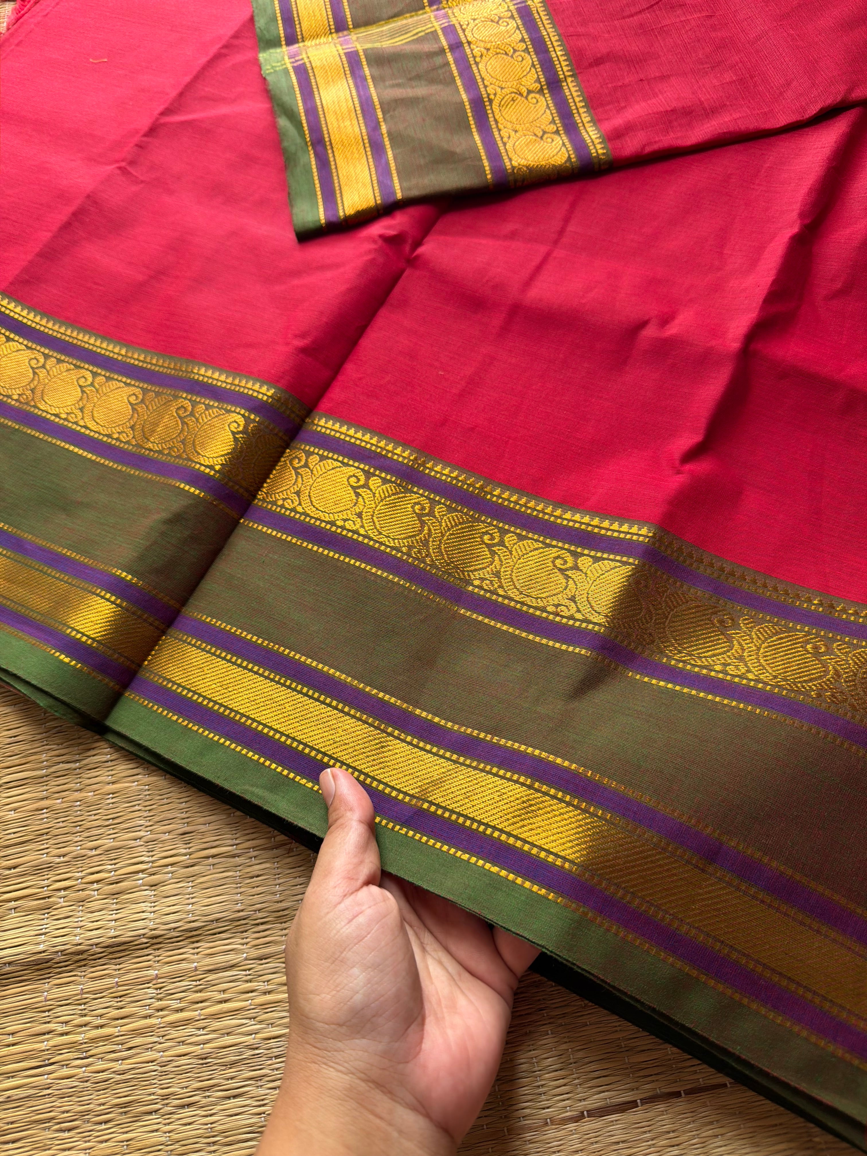RF685 Mango pattern Gap Border Kanchi cotton saree ~ Reddish Maroon