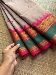 RF216 Cream with pink combination Kanchi cottton saree with rettapet Thazhampoo pattern border and handmade thread buttas