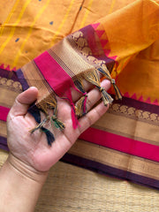 Premium & Soft Thread border Kanchi cotton saree with handmade thread buttas ~ Dark Mango Shade