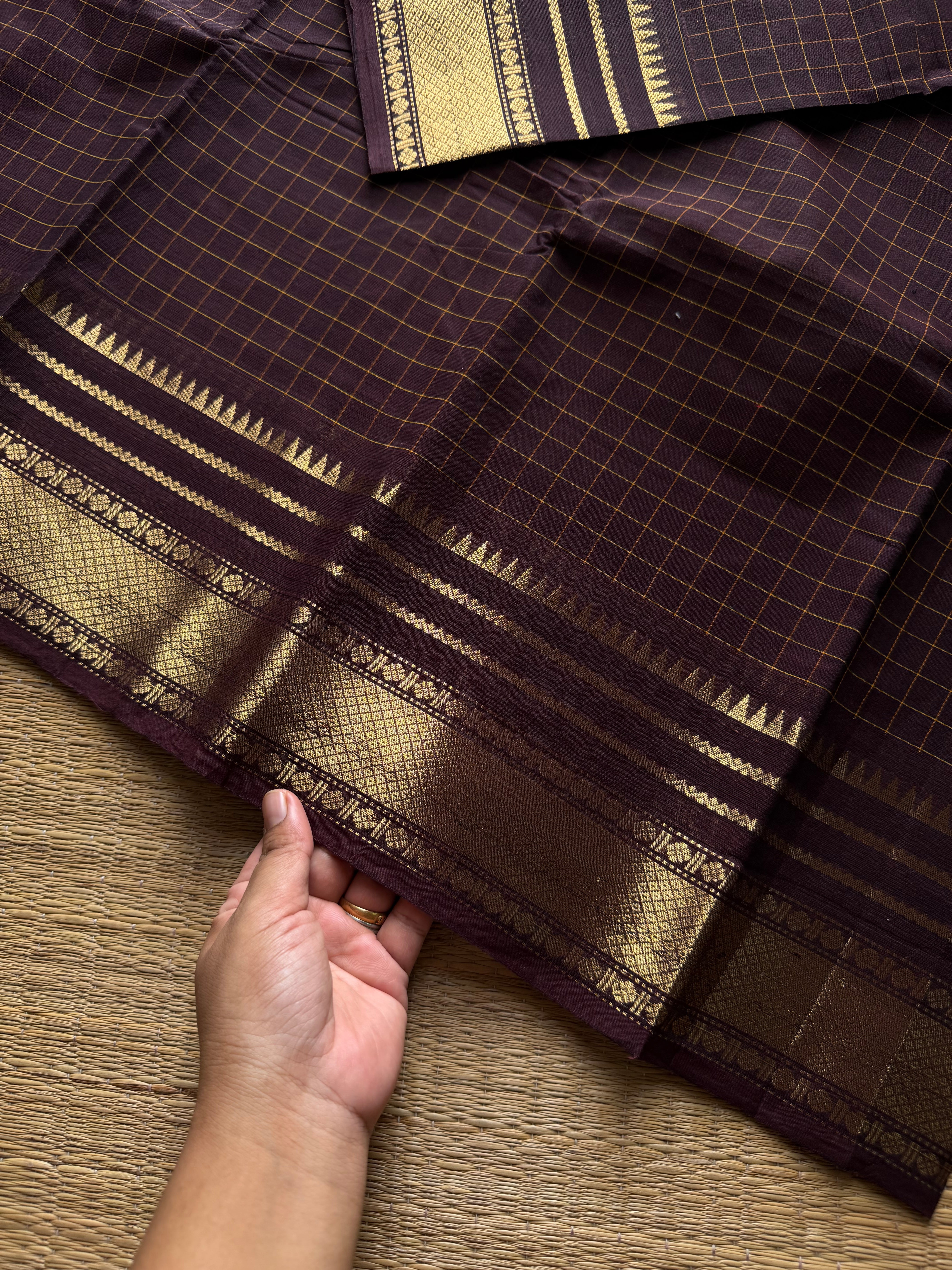 RF1166 Deep Coffee Brown ~ Premium Kanchi Cotton Kattam / Checks Edition