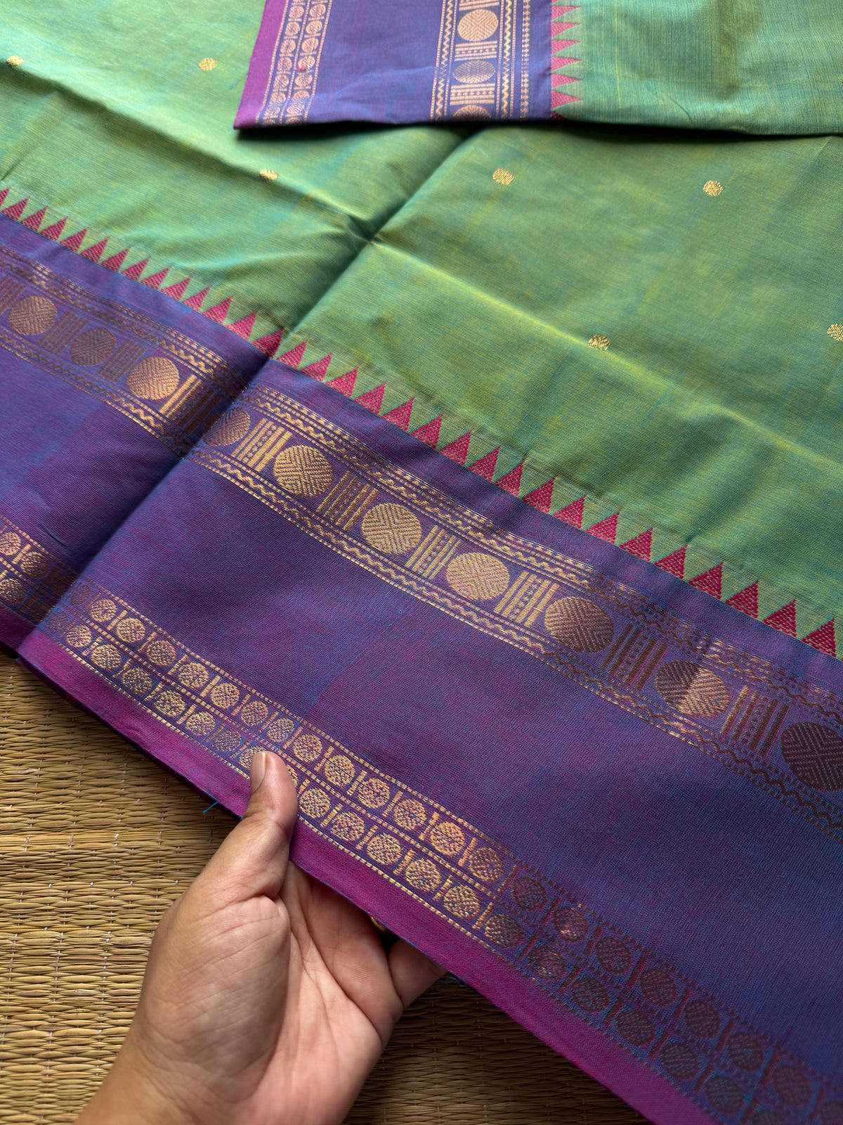 RF812 Dual tone Apple green shade Kanchi cotton saree with handmade golden Zari Buttas