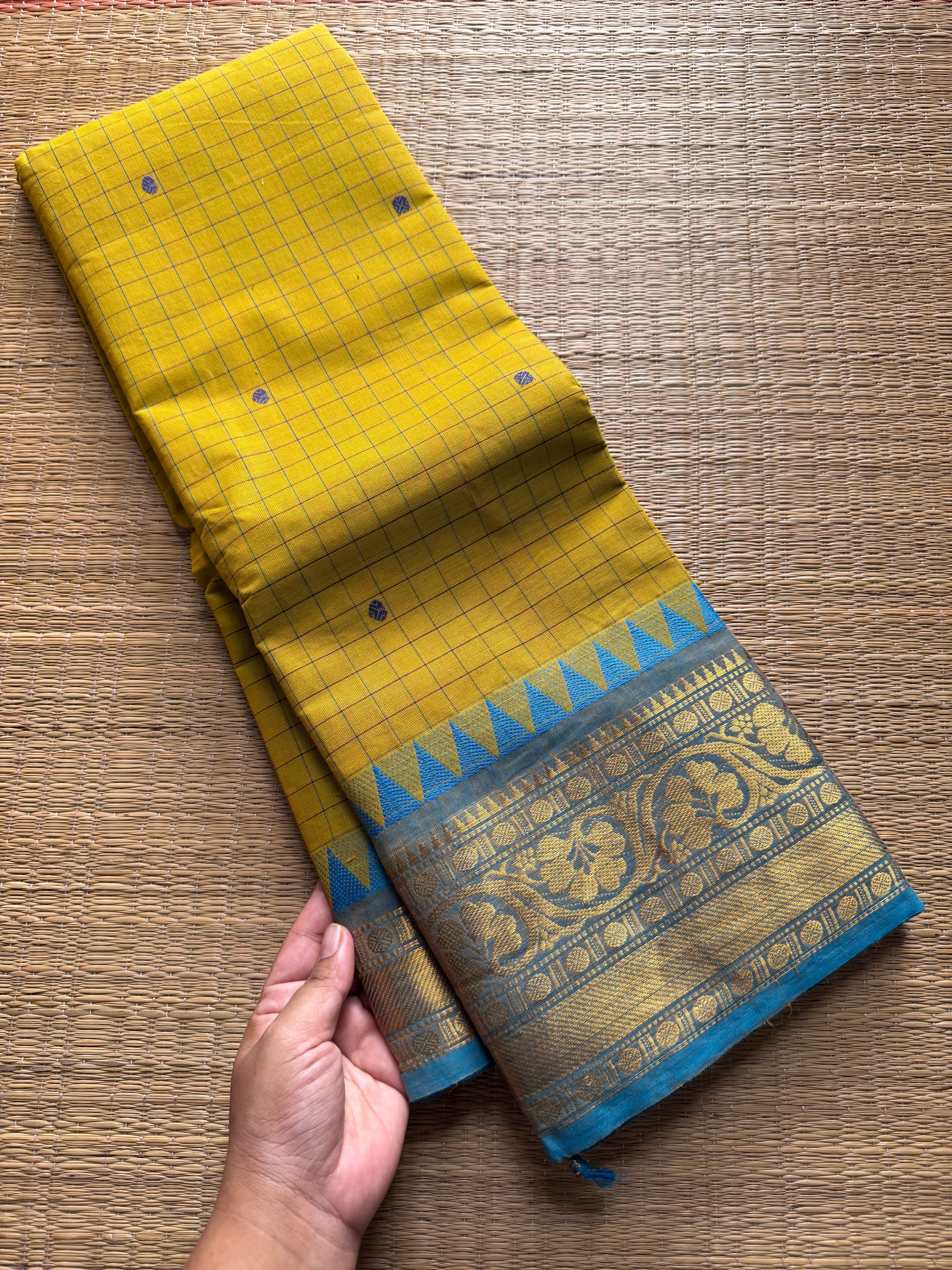 RF385 Yellow with sky blue combination Kanchi cotton saree with checks pattern and handmade thread buttas