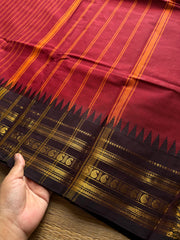 RF1040 Reddish maroon with brown combination Kanchi cotton saree with vertical stripes pattern