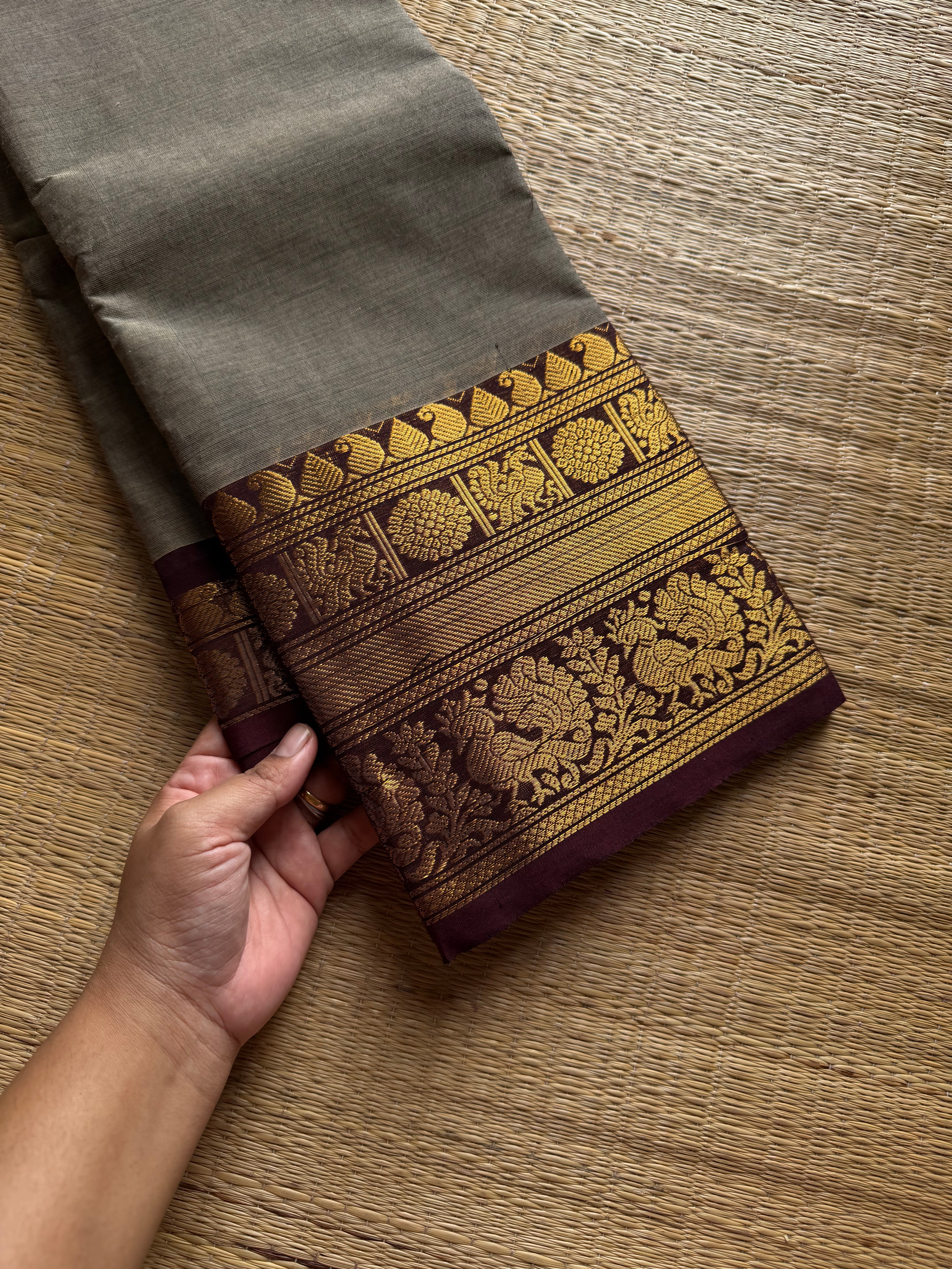 RF1306 Beige & Grey mixed shade with brown Kanchi cotton saree  ~ silk saree inspired border